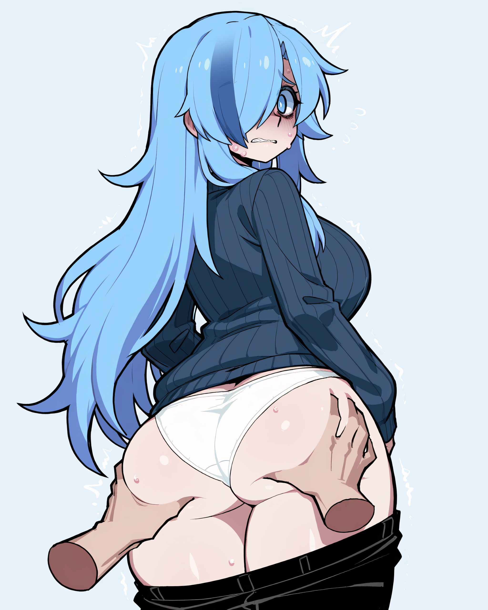 1boy, 1girls, absurd res, ai generated, ass, black pants, blue eyes, blue hair, blue sweater, covered eye, crying, disembodied hand, disembodied hands, duo, falsegate, grom behind, groping, groping ass, hair over one eye, hands on ass, highres, large ass, large breasts, long hair, looking back, molestation, multicolored hair, nervous, oc, oc (falsegate), original, original character, panties, pants down, rape, ribbed sweater, seiko (falsegate), stable diffusion, standing, straight, streaked hair, sweat, sweatdrop, sweater, tears, thick thighs, white panties, wide hips