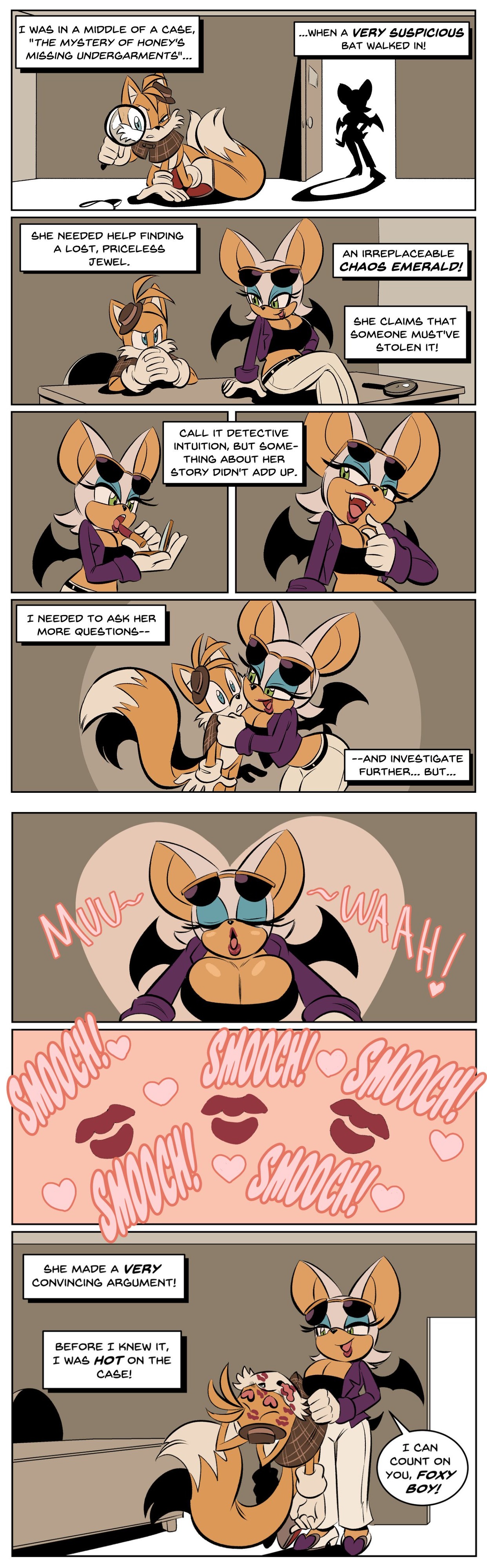 1boy, 1girls, bat ears, bat girl, bat wings, big breasts, breasts, busty, cleavage, comic, compilation, curvy, detective, english text, female, fox boy, glassfish, jacket, kissing, lipstick, magnifying glass, male, midriff, miles tails prower, older female and younger male, orange fur, panels, rouge the bat, smooch, sonic (series), sonic the hedgehog (series), sunglasses on head, tails, tails the fox, the murder of sonic the hedgehog, white fur