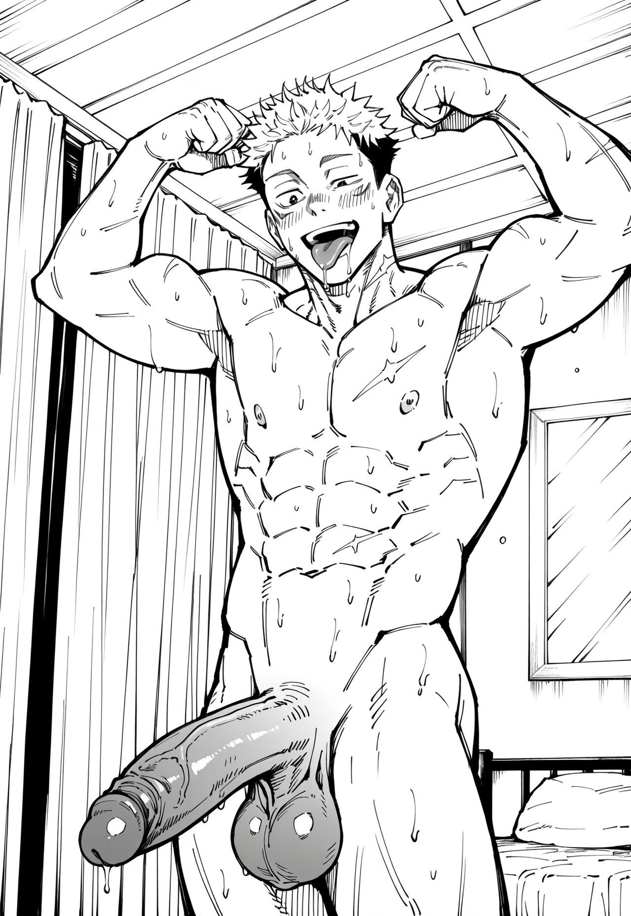 abs, ai generated, balls, bara, big balls, big penis, blush, gay, itadori yuuji, jujutsu kaisen, male, male only, muscular, muscular male, pecs, penis, sweat, yaoi