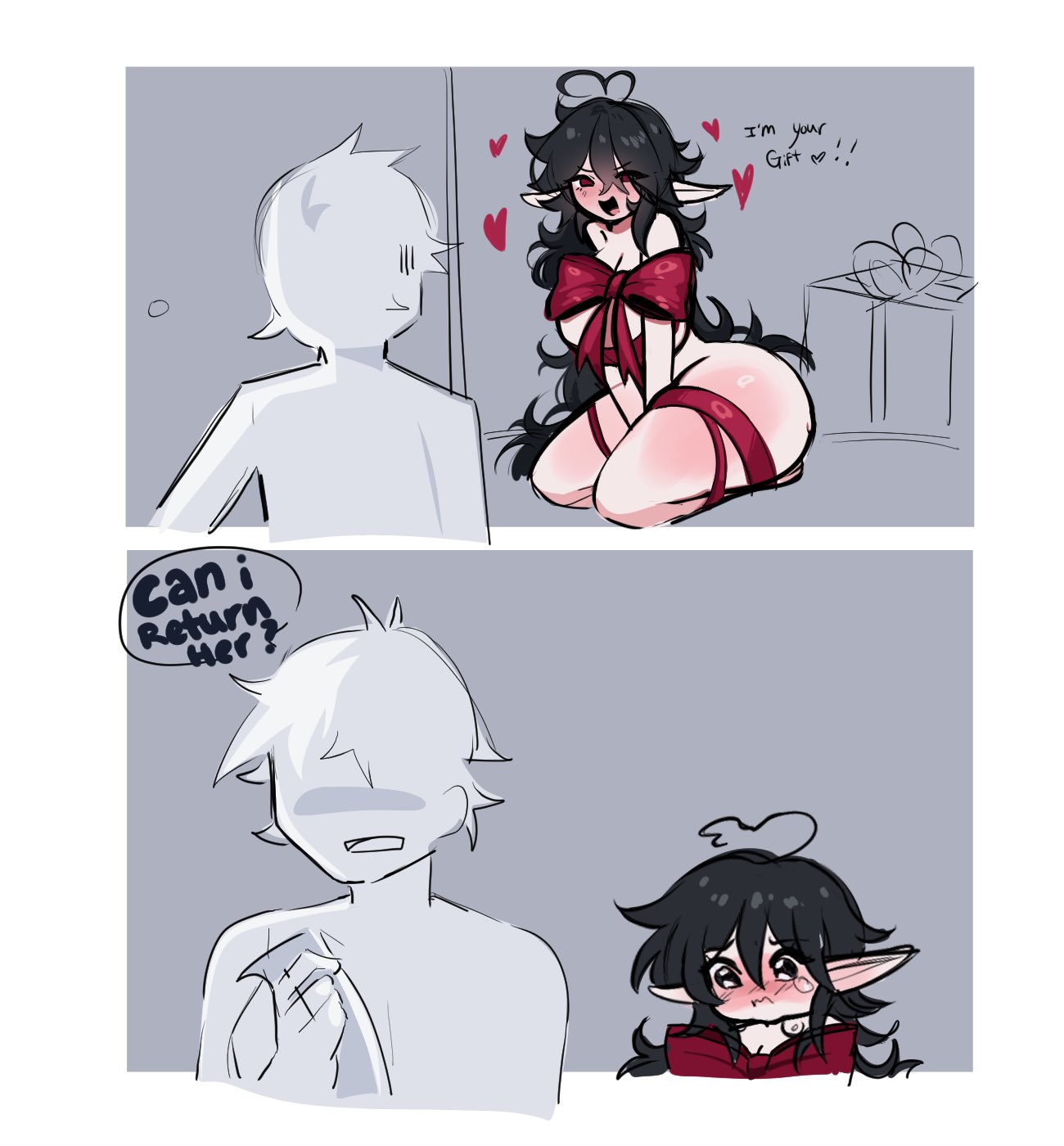 1girls, ahoge, big ass, black hair, christmas, color, comic, completely nude, dialogue, elf, elf ears, english text, female, female focus, funny, gift wrapped, heart, heart-shaped ahoge, humor, light skin, long hair, mistysnugglebug, naked, original, red eyes, sleepy (mistysnugglebug), tears, text, thick thighs, twitter link, wrapped, wrapped up