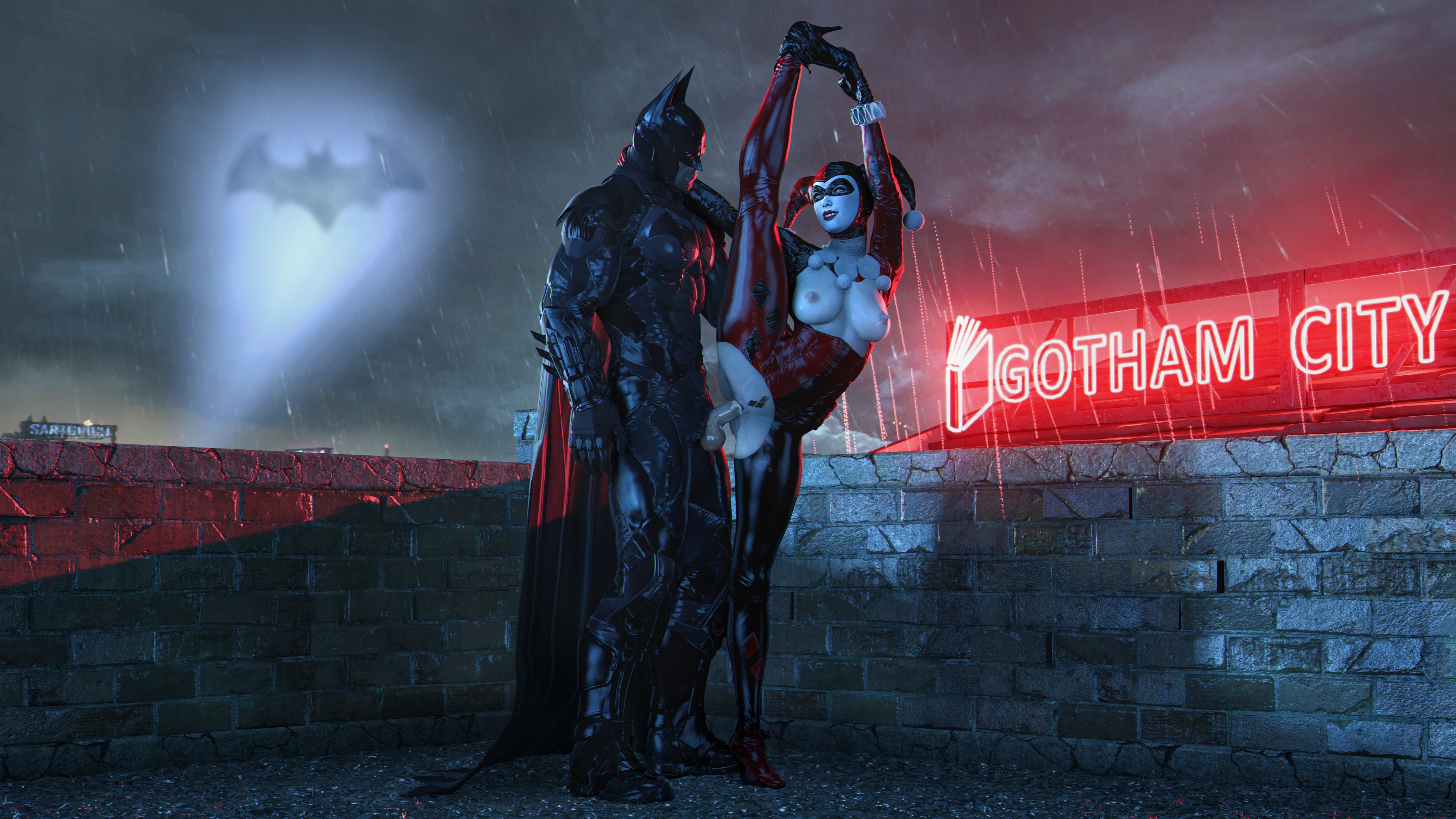 1boy, 1boy1girl, 1girls, 3d, 3d (artwork), bare breasts, bat signal, batman, batman (series), batman: arkham knight, cum in pussy, cum inside, dc, dc comics, enemies, enemies with benefits, female, functionally nude, harley quinn, harley quinn (arkham knight), harley quinn (arkham), harley quinn (classic), standing, standing on one leg, standing sex, winterssfm