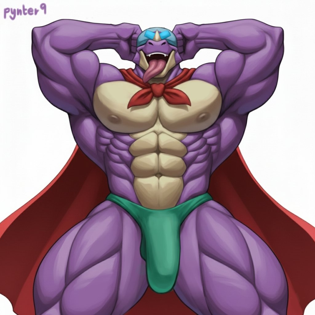 arms behind back, bara, big bulge, big chest, big pecs, big thighs, brawl stars, buff, bulge, bulge through underwear, chest, dinosaur, flexing, gay, huge chest, huge pecs, huge thighs, muscular, pecs, pierce (brawl stars), pynter9, speedo, sticking out tongue, thick thighs, yaoi