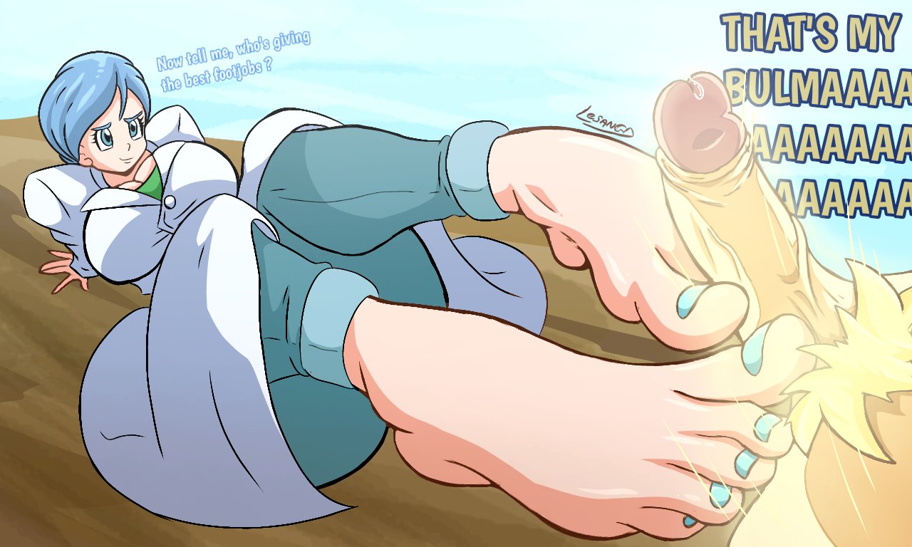 1boy, 1girls, big breasts, big penis, blue eyes, blue hair, breasts, bulma briefs, dialogue, dragon ball, dragon ball super, dressed, faceless male, feet, feet fetish, feet on penis, female, foot focus, footjob, huge breasts, husband and wife, large breasts, large penis, lesangd tw, male, penis, soles, soles fetish, source request, straight, super saiyan, vegeta