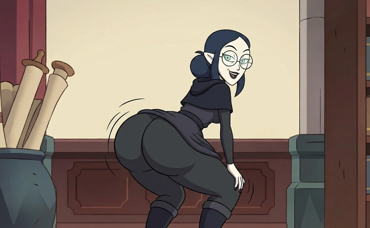 ass focus, big ass, big butt, black clothing, black hair, black legwear, bubble butt, glasses, lilith clawthorne, looking at viewer, medium breasts, motion lines, shaking ass, shaking butt, the owl house, thick thighs, twerking