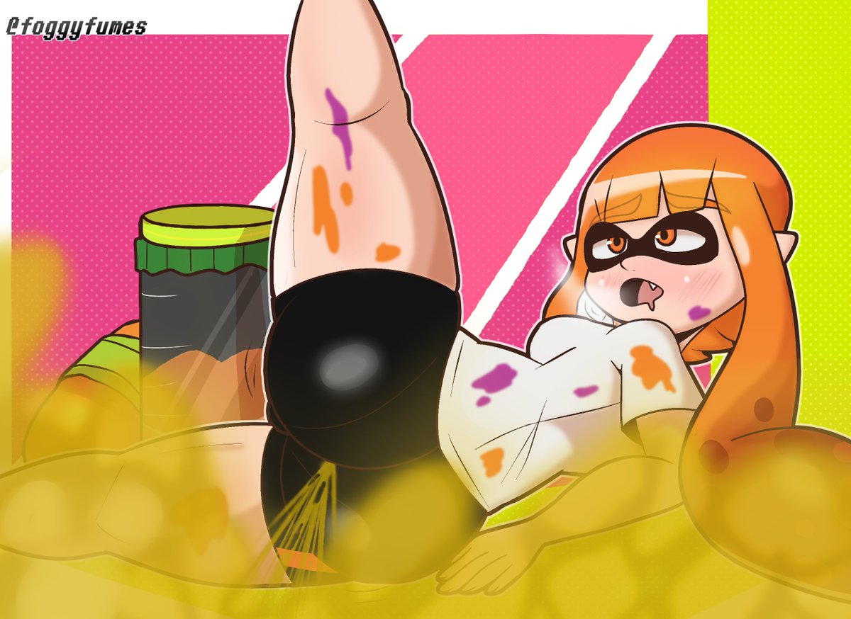 animal humanoid, anthro, cephalopod, cephalopod humanoid, enjoying farting, fart, fart cloud, fart fetish, farting, foggyfumes, humanoid, inkling, inkling girl, kaori (splatoon), leg up, looking pleasured, mask (marking), nintendo, pointy ears, pseudo hair, splatoon, splatoon (series), squid, tentacle, tentacle hair