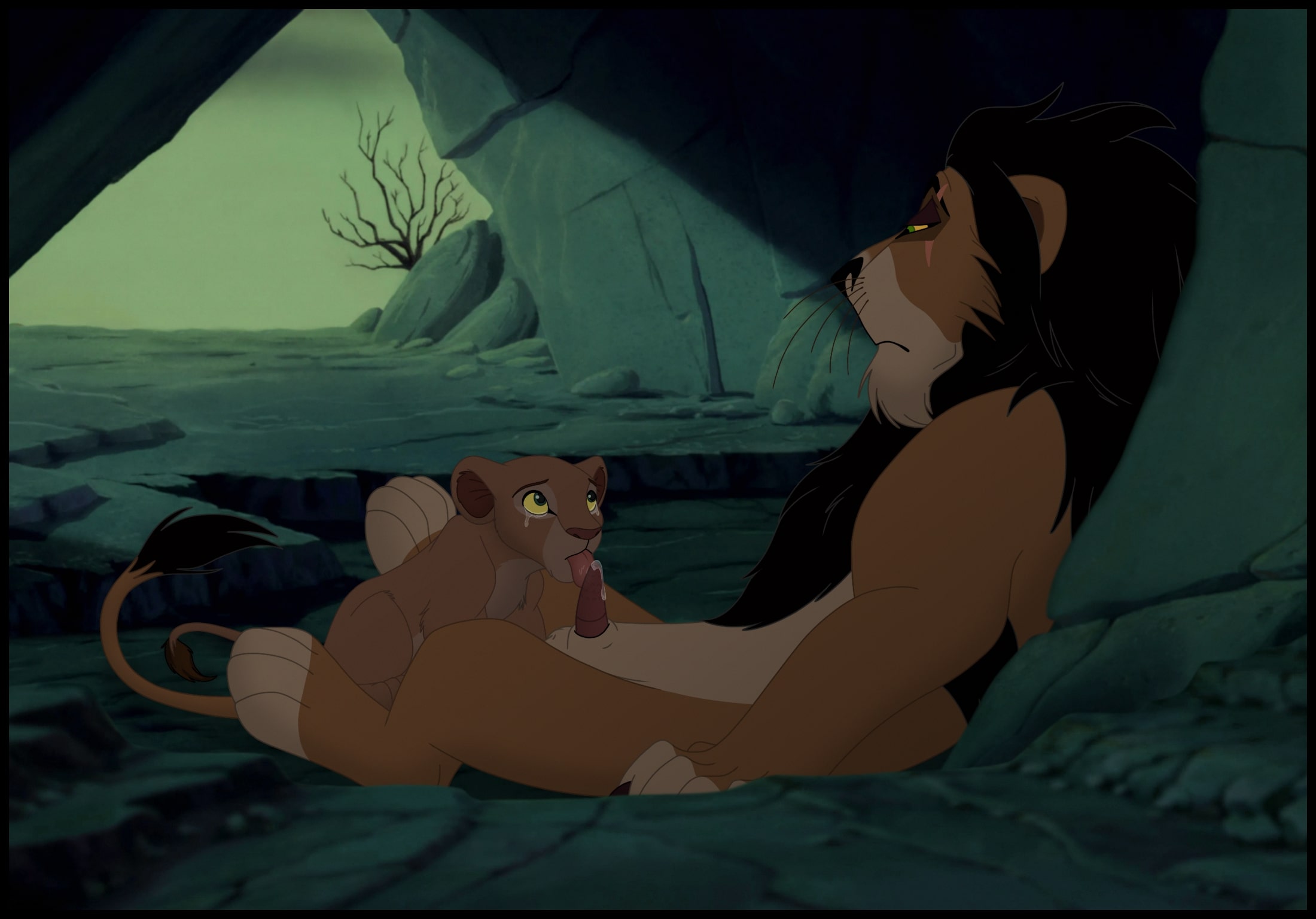 backlash91, balls, black mane, cub, disney, felid, female cub, feral, feral on feral, genital fluids, genitals, licking, licking penis, lion, lying on back, nala (the lion king), older feral, older male, scar, scar (the lion king), tears, the lion king, whiskers, younger female, younger feral