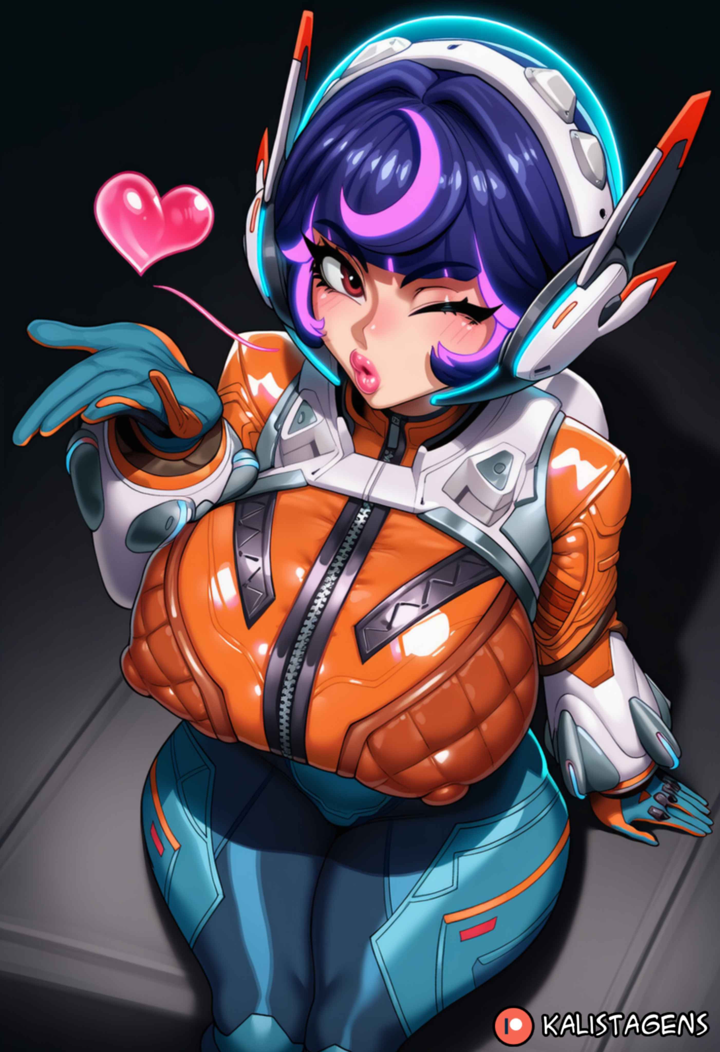 ai generated, big ass, big breasts, big thighs, blowing kiss, heart symbol, huge ass, huge breasts, huge thighs, juno (overwatch), kalistafunz, nipples visible through clothing, overwatch, overwatch 2, skin tight, winking at viewer