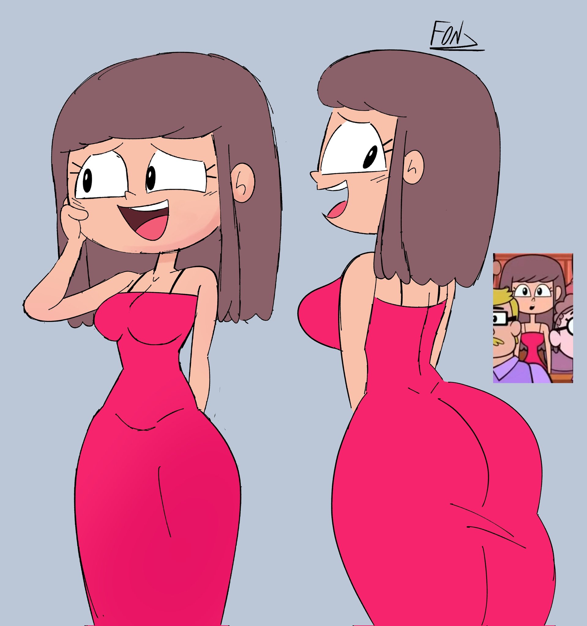 1girls, arched back, background character, big ass, big breasts, black eyes, bottom heavy, brown hair, dress, female, female focus, female only, first porn of character, fonz, fully clothed, grey background, hand on own cheek, light skin, open mouth, pink dress, reference image, teen titans, teen titans go, twitter link