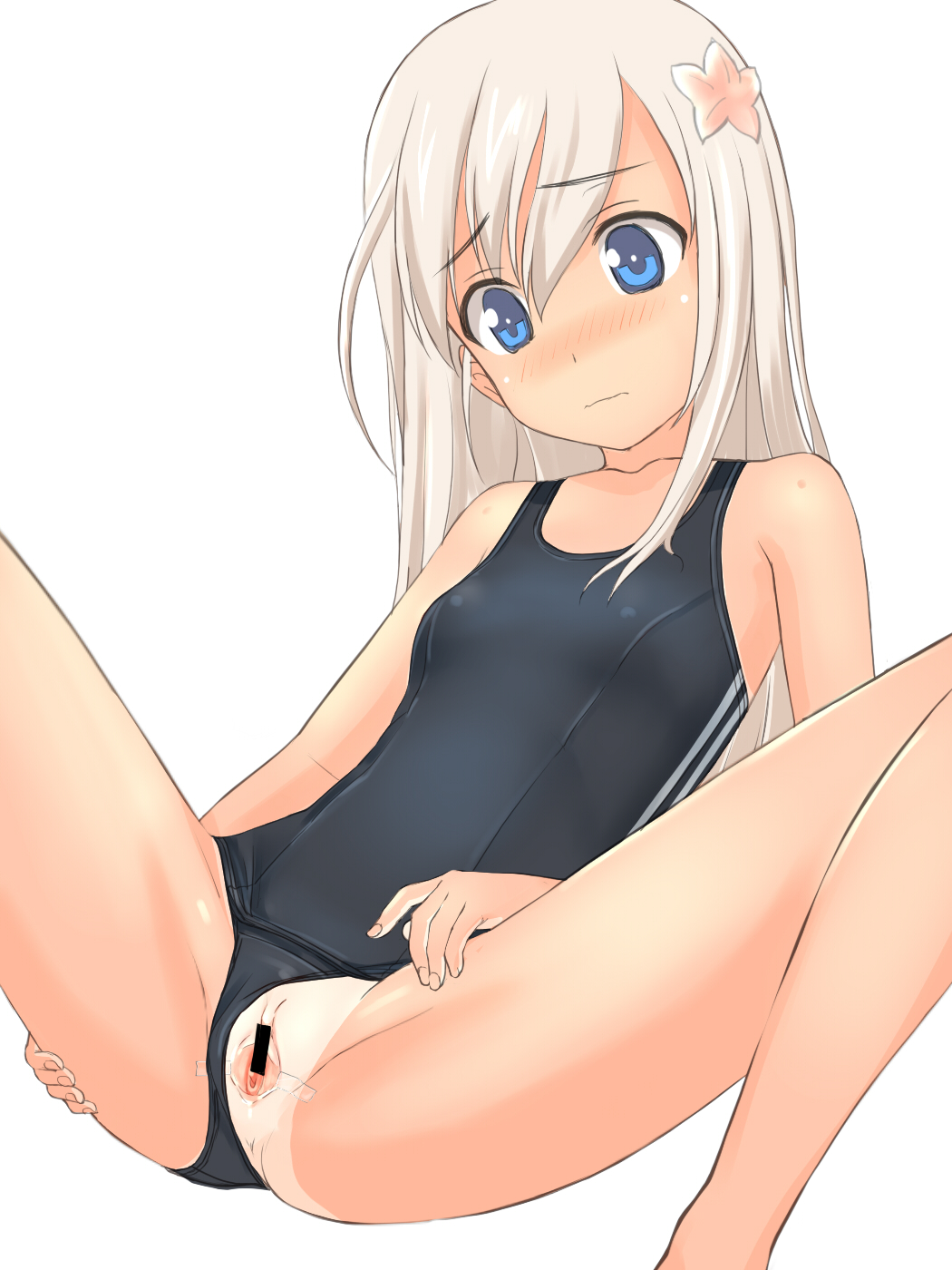 blonde_hair blue_eyes blush censored collarbone commentary_request dilation_tape female flower hair_flower hair_ornament highres kantai_collection long_hair one-piece_swimsuit one-piece_tan pussy ro-500_(kantai_collection) school_swimsuit solo spread_legs spread_pussy swimsuit swimsuit_aside takafumi tan tanline tape taped_pussy