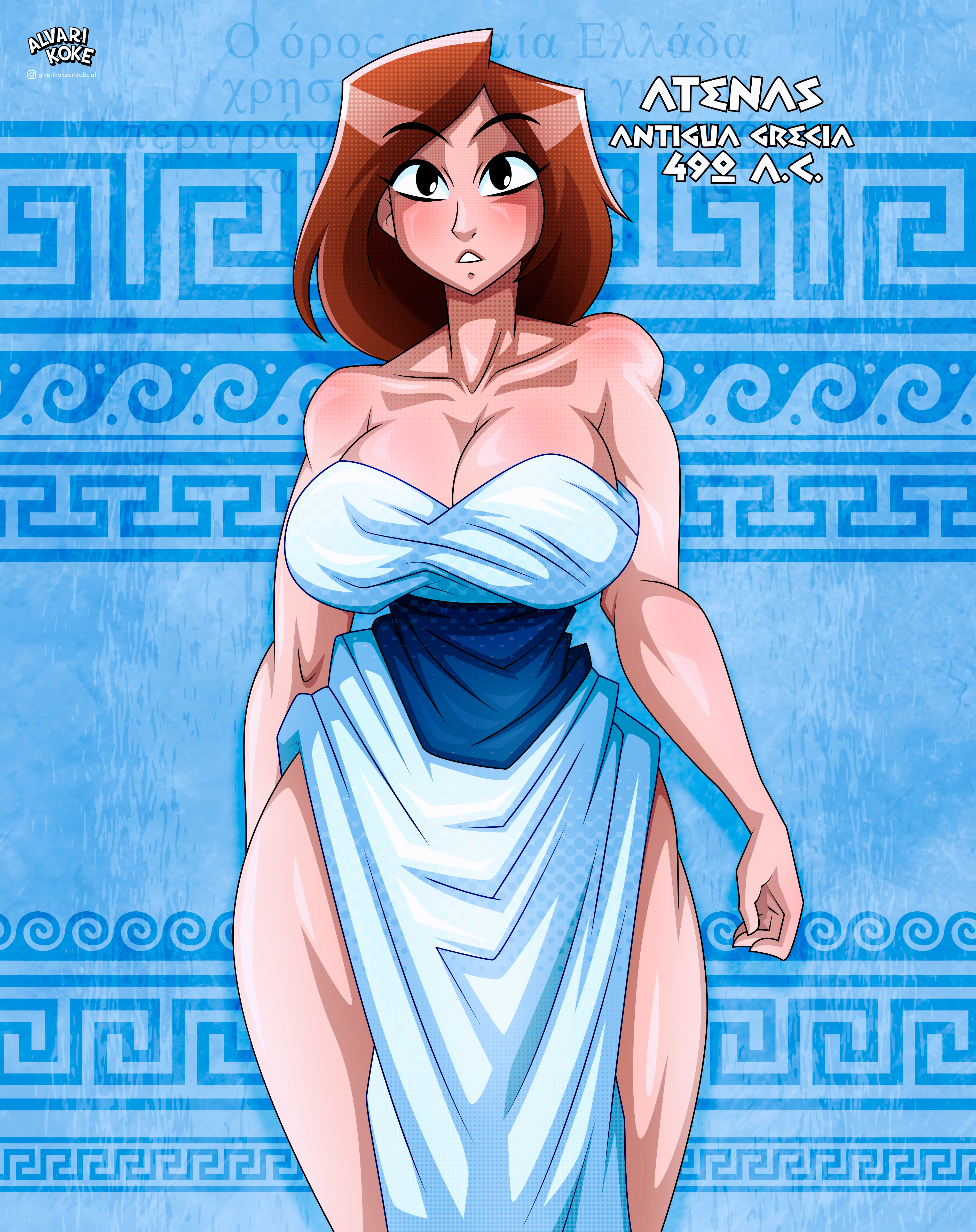 1girls, 2024, alvarikokearte, ancient greece, bare shoulders, busty, cleavage, cleidi (alvarikokearte), female, greek clothes, jpeg, light-skinned female, oc, original character, solo, solo female