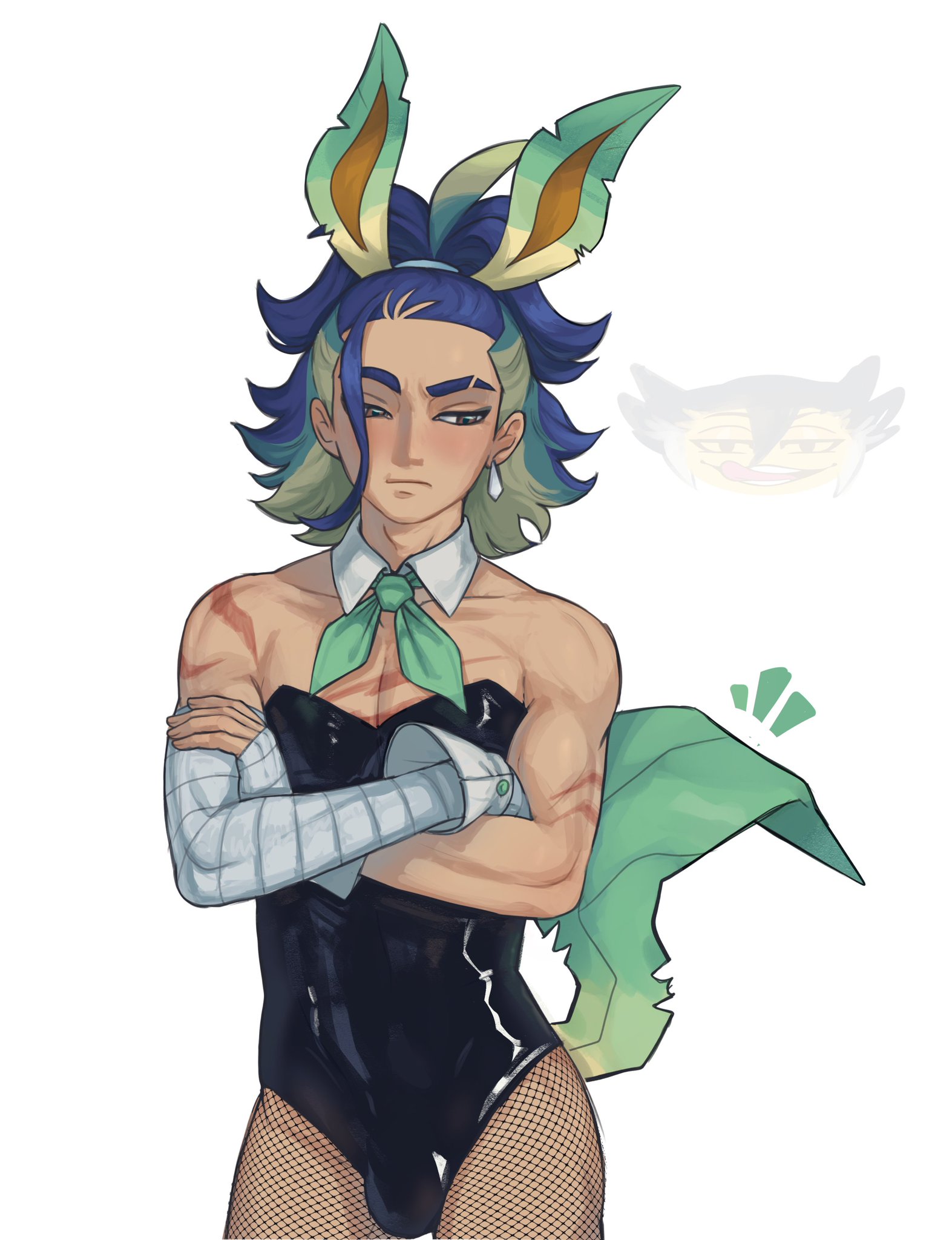 1boy, adaman (pokemon), arms crossed, bandage, blue hair, bluegarbageitem, brown eyes, bulge, bunny ears, bunnysuit, costume, earring, eyebrow slit, eyeliner, fishnet legwear, fishnets, game freak, hair tie, latex, latex suit, leafeon (cosplay), male, male only, muscular, muscular male, nintendo, pecs, pokemon, pokemon legends: arceus, ponytail, sassy, scars, solo, solo male, tail