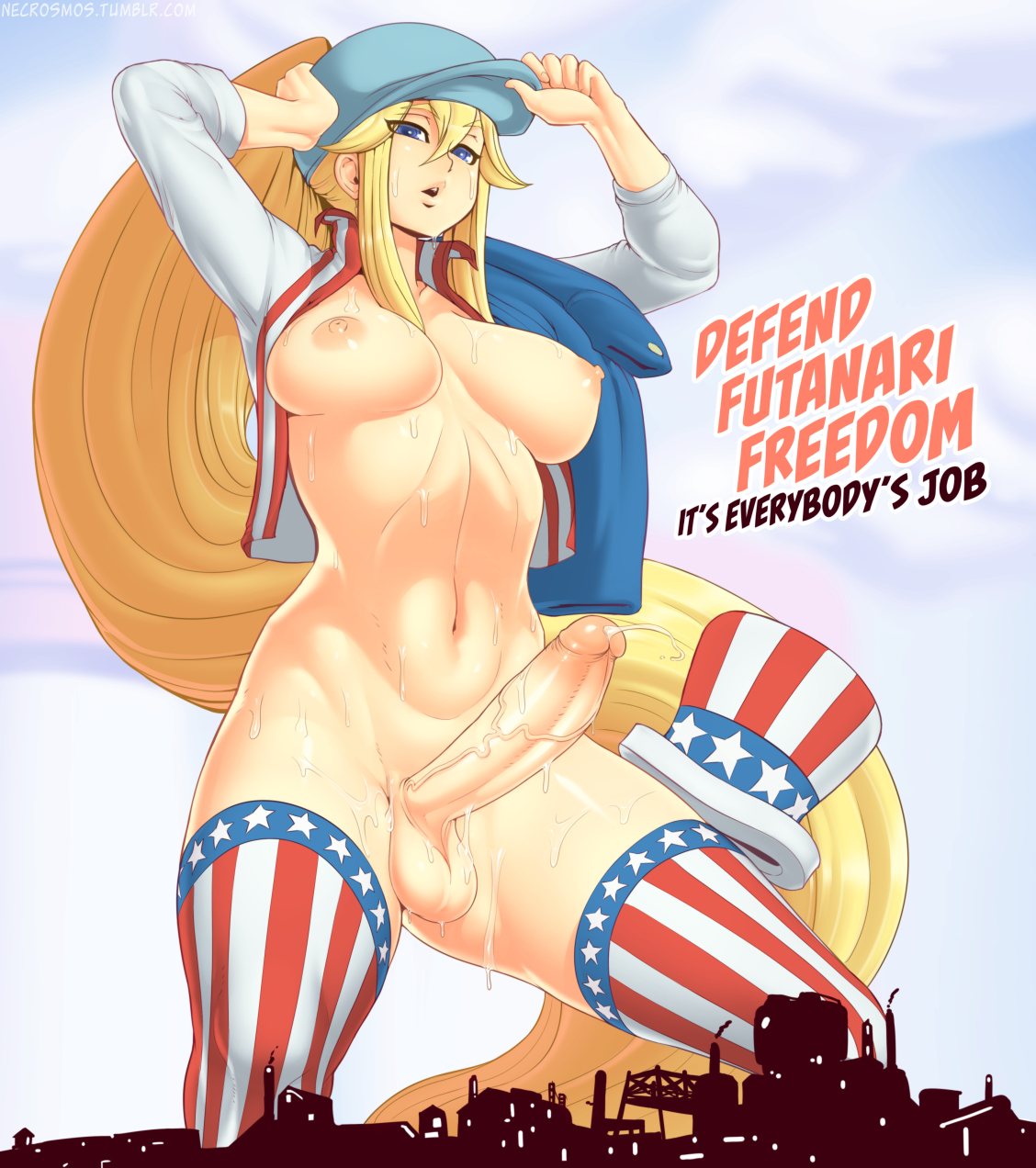 1futa, areolae, balls, big breasts, blonde hair, blue eyes, breasts, cum, erection, futa only, futanari, hat, hourglass figure, intersex, large breasts, looking at viewer, necrosmos, nipples, penis, pin-up, precum, propaganda, solo, testicles, text, thighhighs