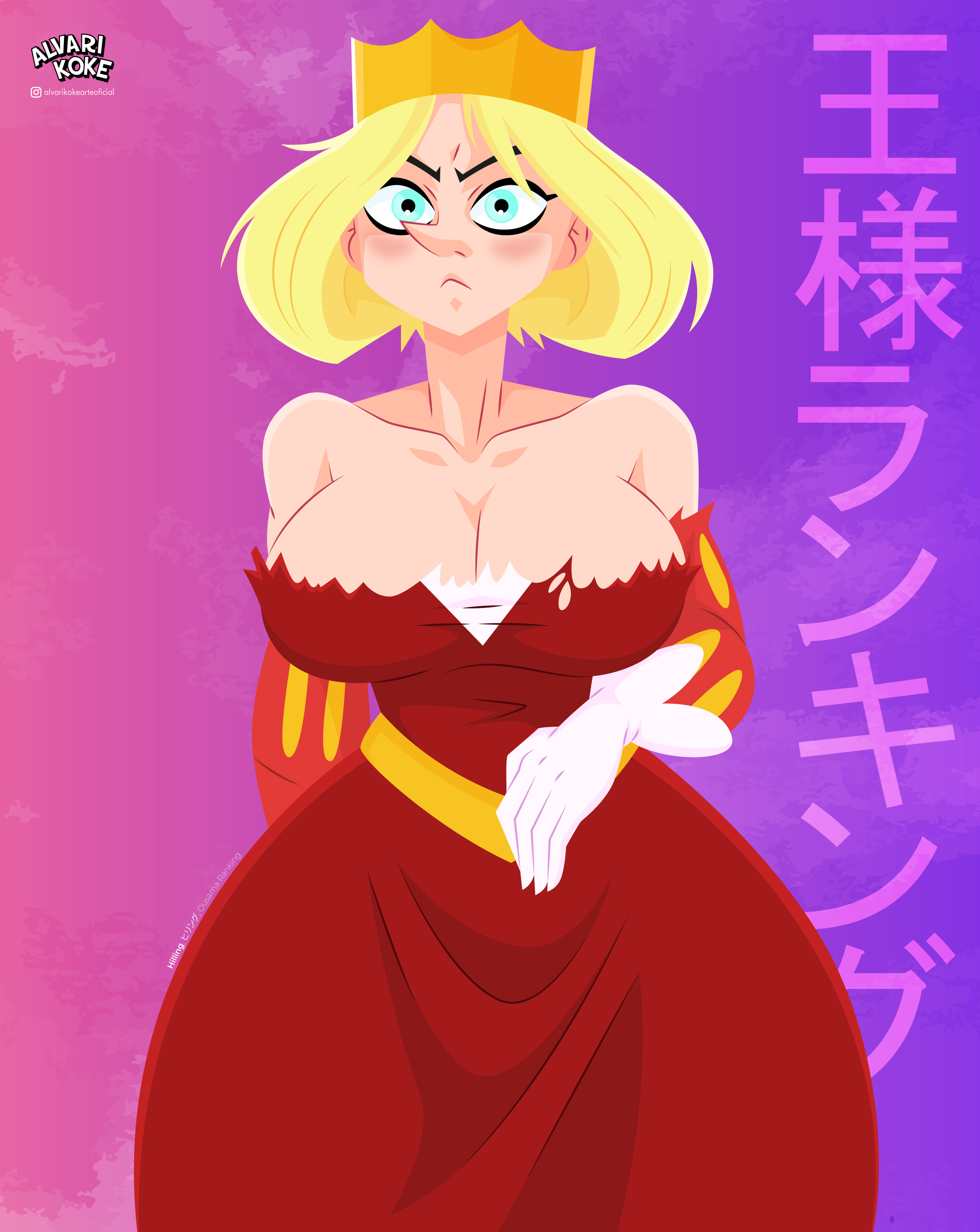 1girl, 1girls, 2024, alvarikokearte, bare breasts, bare shoulders, big breasts, blonde hair, blue eyes, breasts, breasts bigger than head, breasts out, breasts out of clothes, cleavage, dress, female, jpeg, large breasts, light-skinned female, milf, milf body, ousama ranking, pointy nose, queen hilling, woman