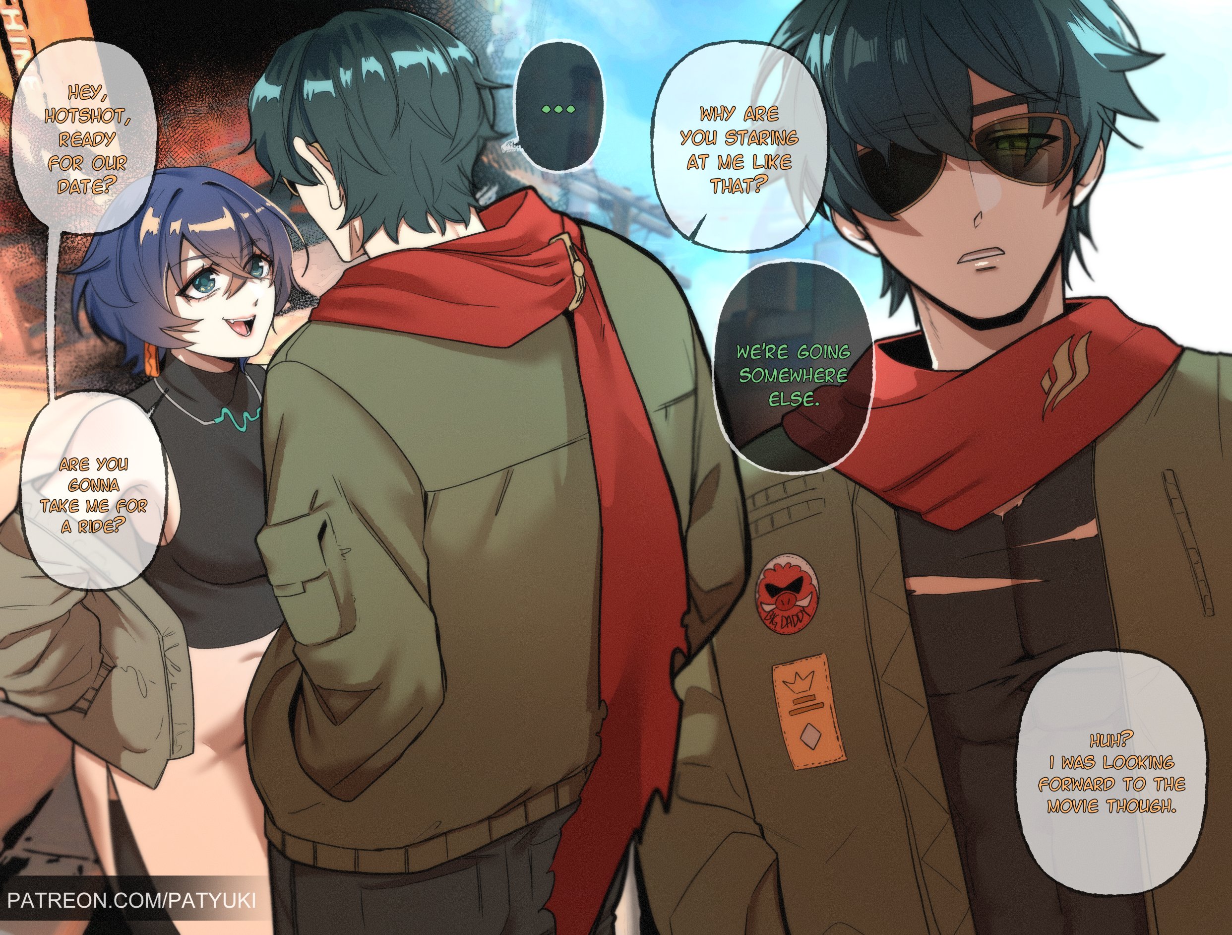 1boy, 1girls, belle (zenless zone zero), blue eyes, blue hair, clothed, clothed female, clothed male, english text, female, green eyes, green hair, hoyoverse, human, human only, lighter (zenless zone zero), male, patyuki, shorter female, speech bubble, sunglasses, tagme, taller male, zenless zone zero