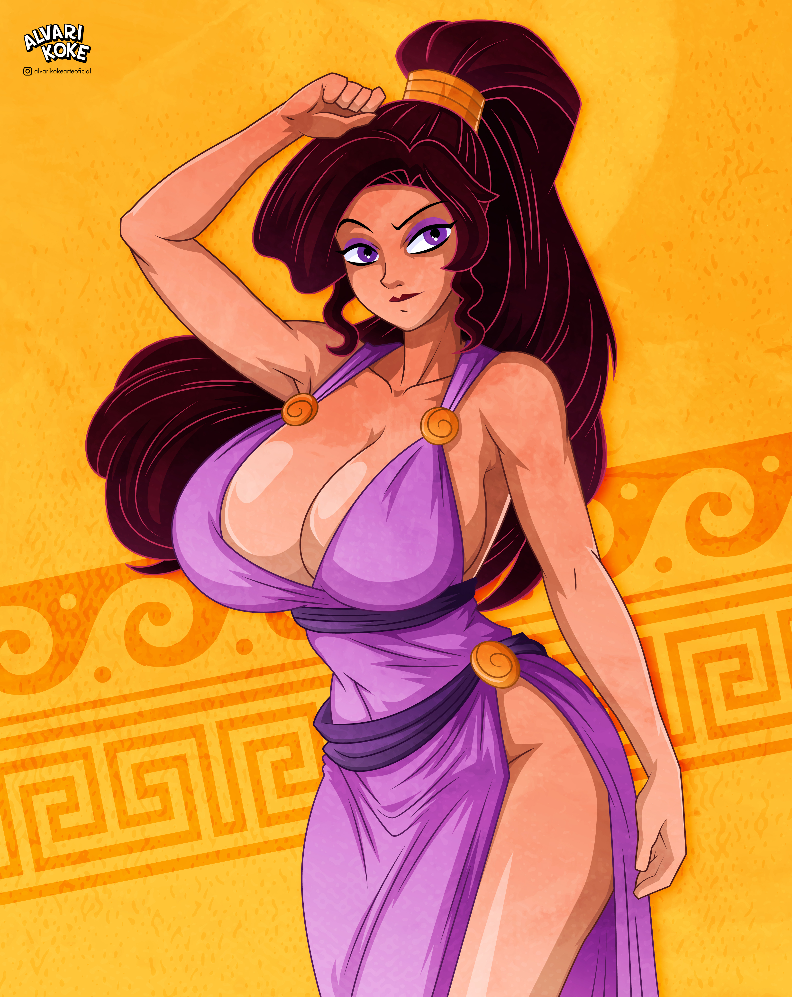 1girls, 2025, alvarikokearte, ancient greek clothes, big breasts, cleavage, disney, eyeshadow, female, greek mythology, hercules (1997 film), hercules (disney), jpeg, megara, purple eyes, solo female