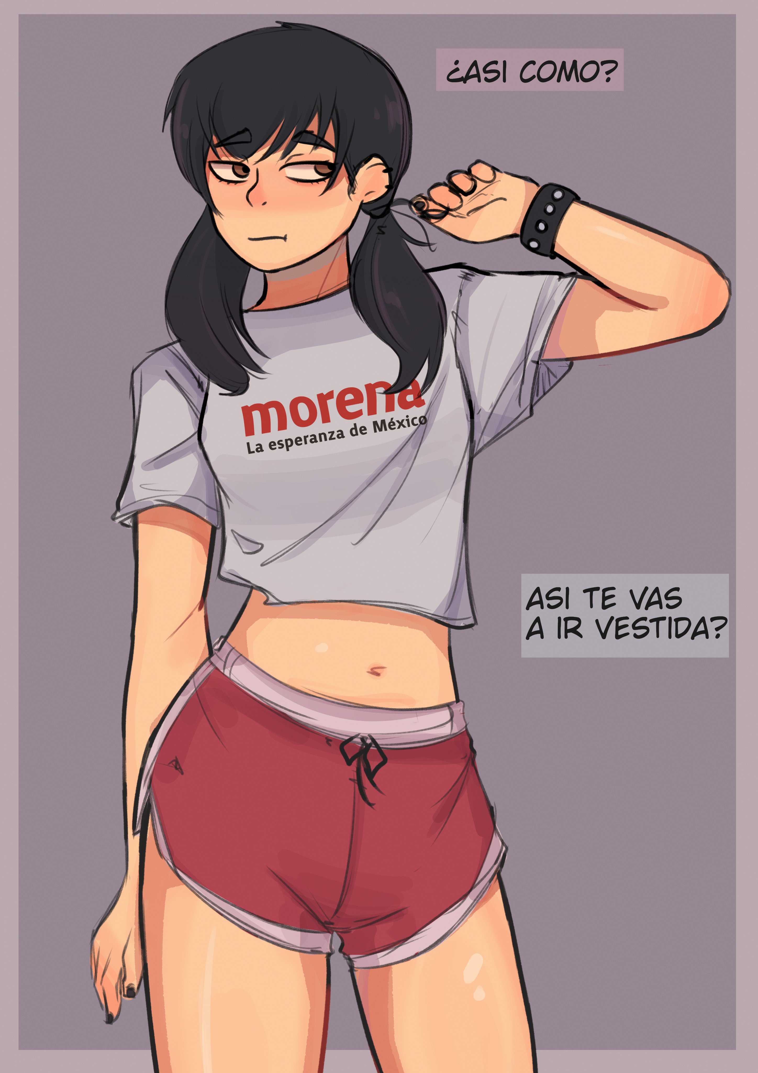 1girls, 2023, 2d, 2d (artwork), black hair, black hair female, black-haired female, blank background, chainsaw man, dialogue, midriff, midriff baring shirt, mitaka asa, shorts, slight blush, spanish text, tagme, text, touching own hair, translation request, wristwear, zero dead zone