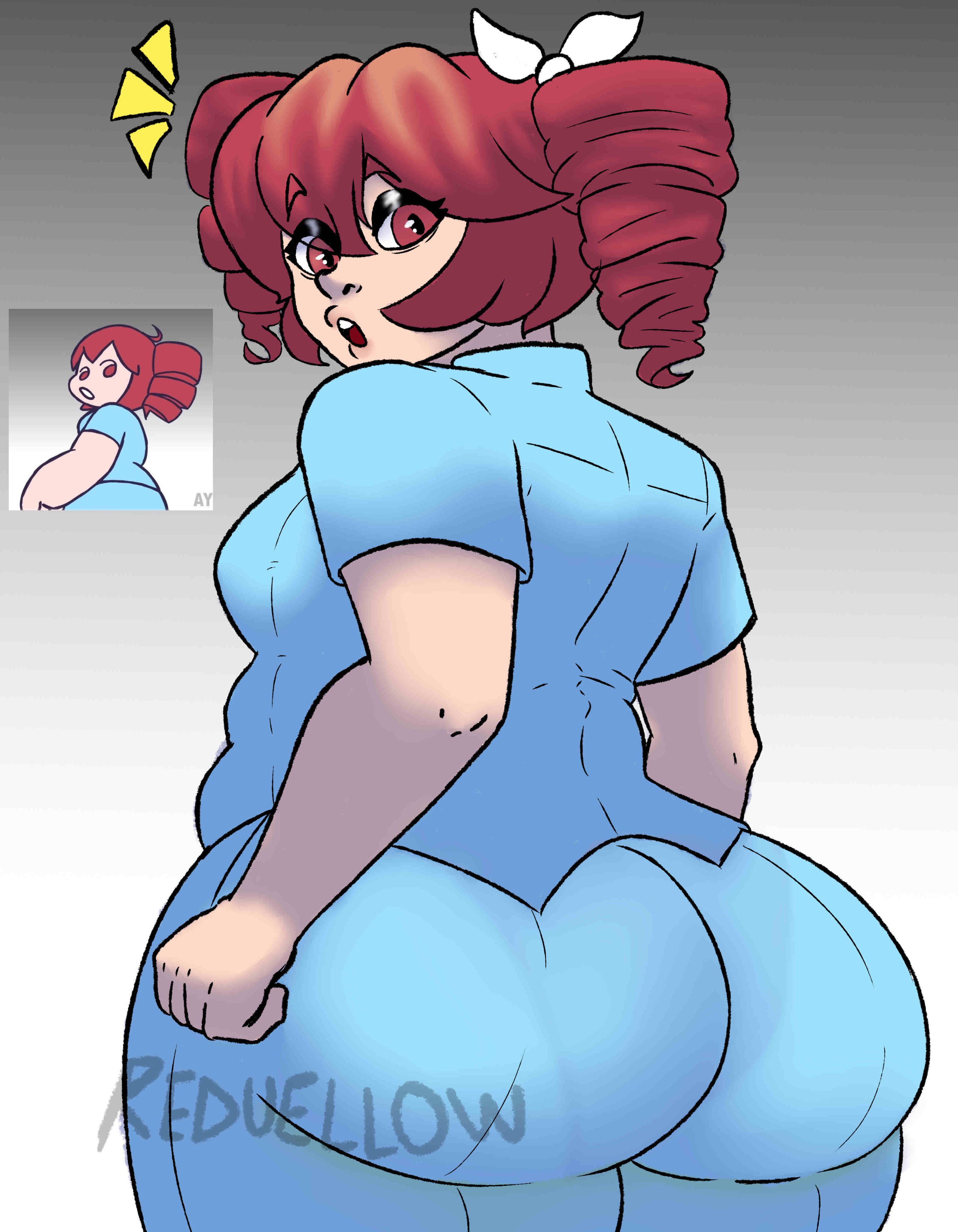 1girls, 2d, 2d (artwork), ahoge, artist name, ass, ass bigger than head, ass focus, back, back view, belgian69269, belly, big ass, big breasts, big thighs, breasts, bubble butt, cartoony, chubby, chubby female, clothed, clothed female, clothing, curvaceous, curvy, curvy female, curvy figure, dot eyes, dot nose, dumptruck ass, eyelashes, fat ass, fat breasts, fat thighs, fatass teto, female, female only, fully clothed, gluteal fold, hairbow, hips wider than shoulders, huge ass, huge thighs, igaku (utau), jiggle, jiggling ass, jiggling breasts, kasane teto, large ass, large breasts, large thighs, lips, long eyelashes, looking back, makeup, massive ass, massive thighs, motion lines, mv character, nurse, nurse uniform, open mouth, plump, plump ass, plump breasts, plump lips, plump thighs, red eyes, red hair, round ass, round breasts, sideboob, simple background, skin tight, skin tight pants, solo, solo female, surprised, surprised expression, thick thighs, thighs, thighs bigger than head, tight clothing, tight pants, tremble spikes, trembling, twin drills, utau, voluptuous, voluptuous female, wide hips, wobble, wobbling ass