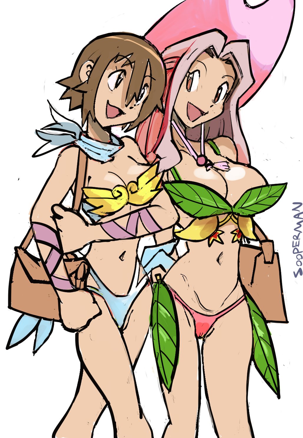 2girls, aged up, belly button, breasts, brown hair, cosplay, digimon, digimon adventure, female, female only, hikari yagami, large breasts, light skin, light-skinned female, long hair, medium breasts, mimi tachikawa, pink hair, short hair, sooperman, toei animation