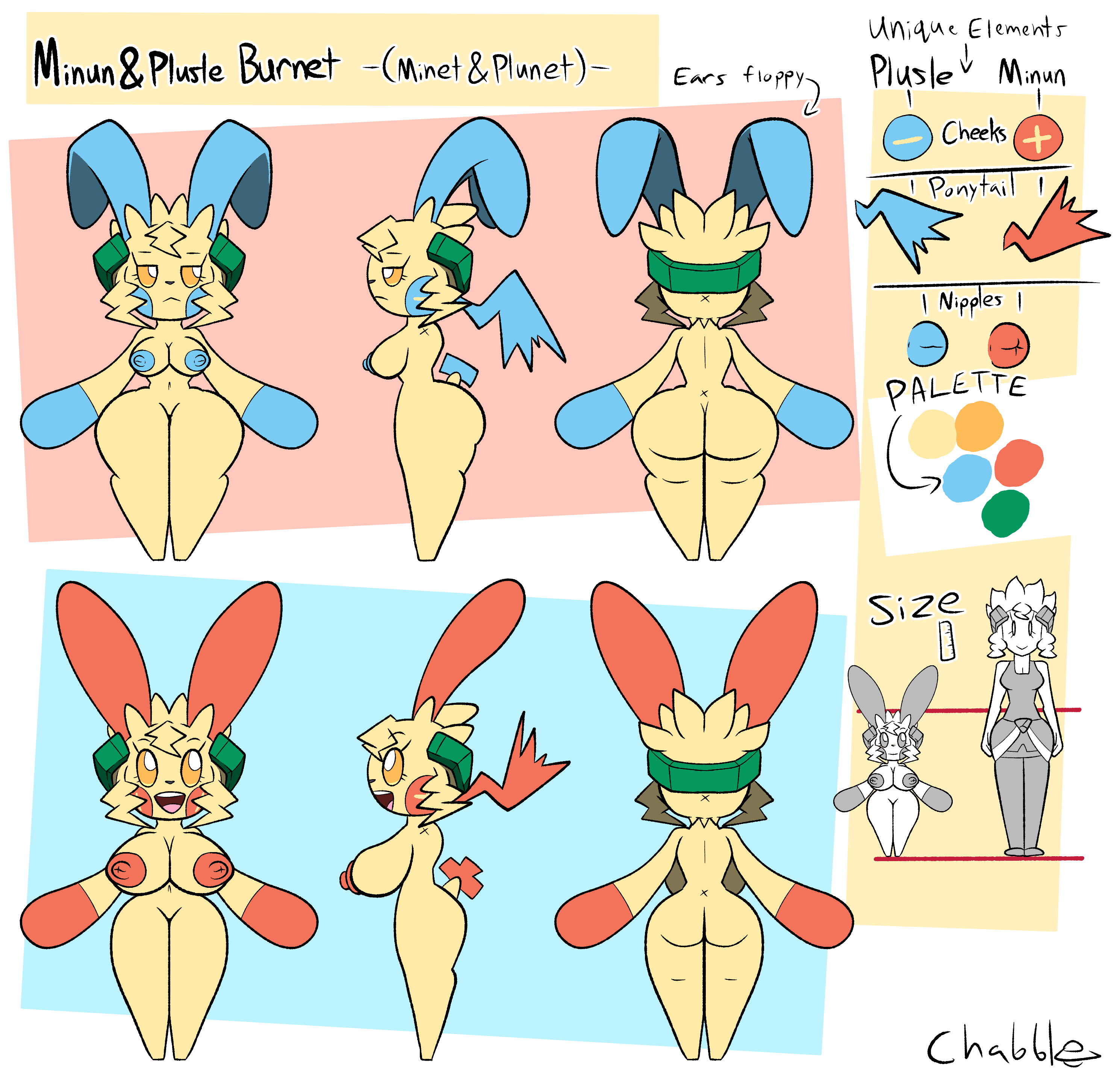 after transformation, blue nipples, bunny ears, burnet (pokemon), chabble, cheek markings, lightning bolt, minun, plusle, pokemon, pokemon (species), post-transformation, rabbit, rabbit ears, rabbit girl, red nipples, reference sheet, transformation, yellow body, yellow eyes