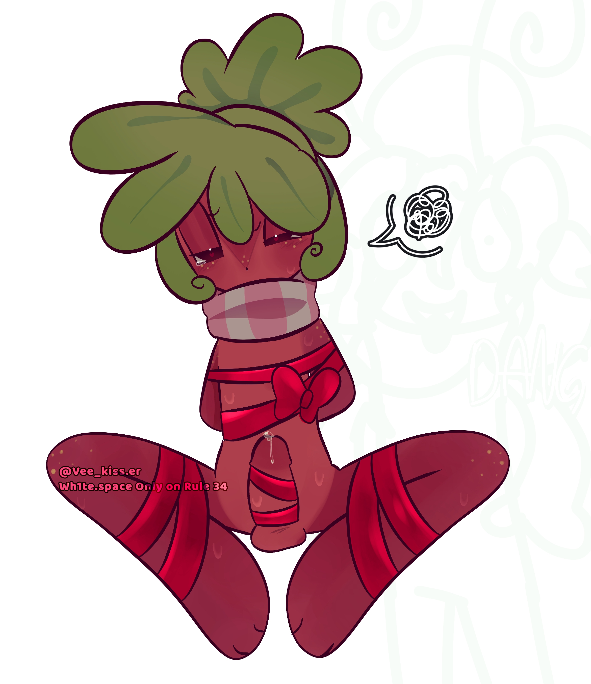 angry, bondage, dandy's world, dandys world, embarrassed, erect penis, looking away, naked, precum, ribbon, sprout (dandy's world), sprout seedly (dandy's world), tied, tied penis, tied up