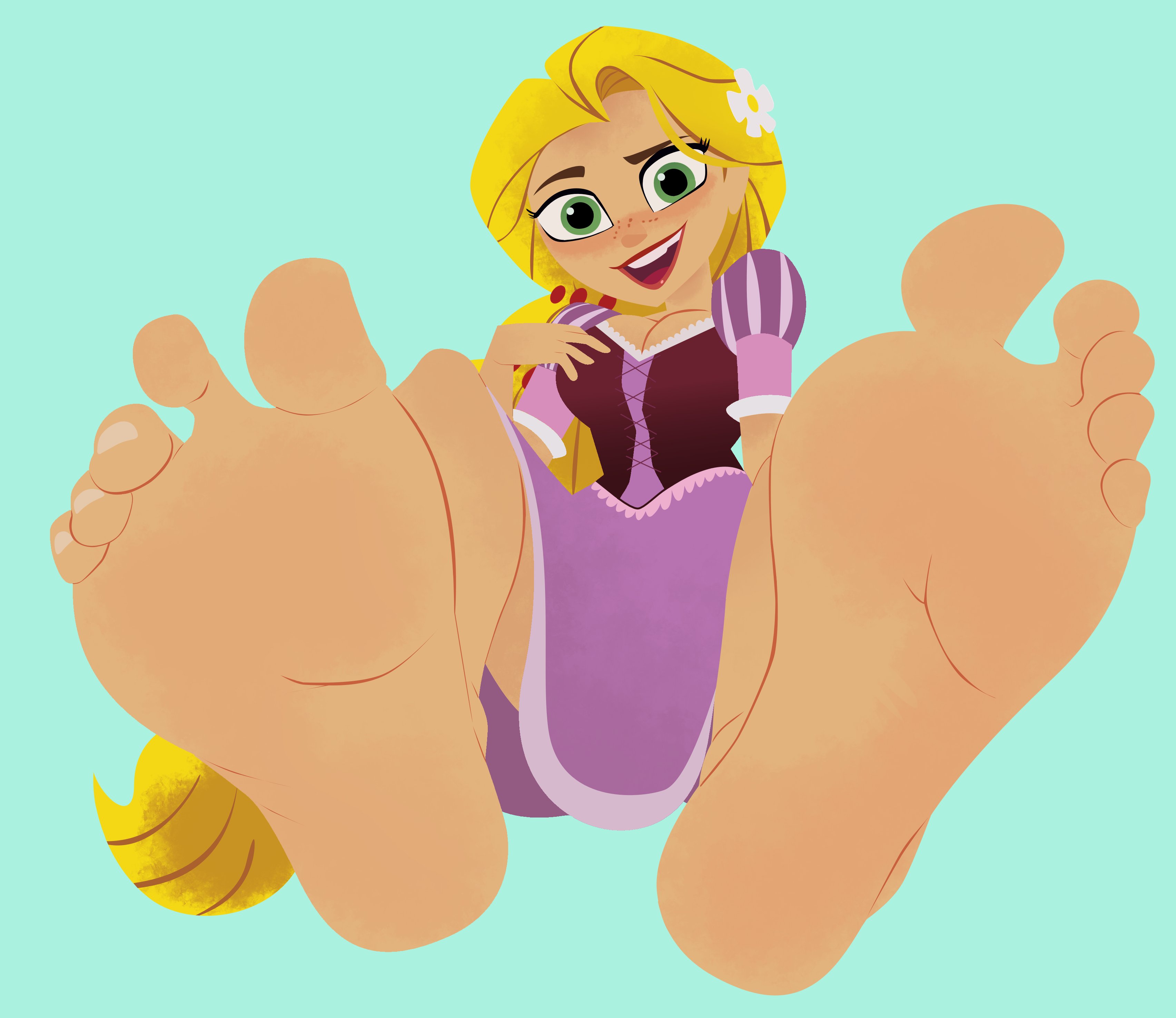 1girls, absurdres, bare legs, barefeet, barefoot, big feet, blonde hair, blue background, disney, disney channel, disney princess, feet, female, female feet, female focus, flower in hair, foot fetish, foot focus, foreshortening, green eyes, large feet, legs up, long hair, looking at viewer, presenting feet, presenting soles, rapunzel, rapunzel (tangled), rtuenuik2, smiling, soles, soles fetish, solo female, spread legs, tangled, tangled: the series, teasing viewer, teasing with feet, toenails, toes