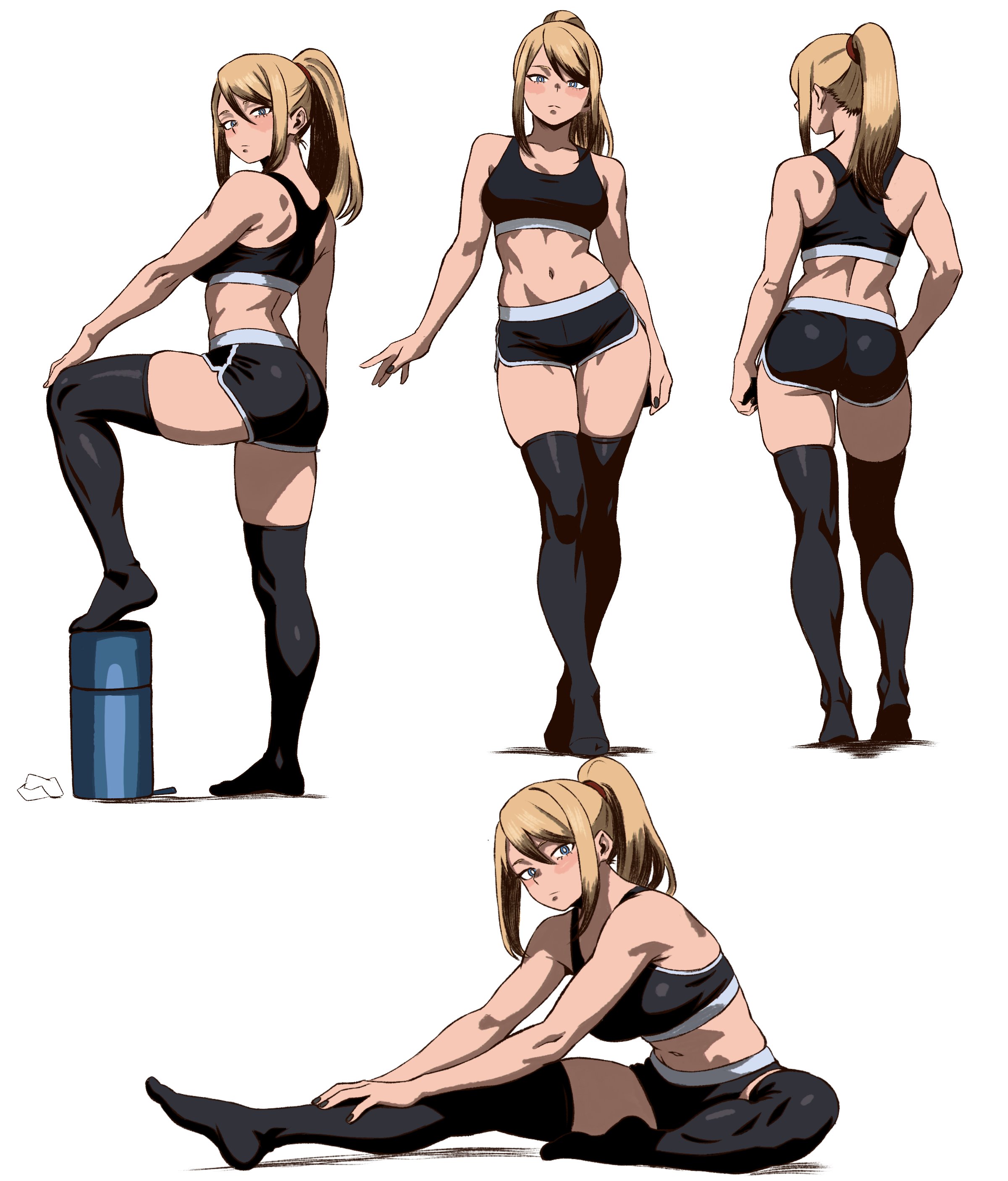 1girls, ass, athletic, athletic female, big ass, big breasts, blonde hair, blue eyes, blush, blushing, booty shorts, breasts, enji masterpie, fit, fit female, flexible, gym clothes, gym shorts, hourglass figure, looking at viewer, looking back, looking back at viewer, metroid, nintendo, ponytail, pose, posing, samus aran, short shorts, shorts, solo, solo female, sports bra, standing, stockings, stretching, thick, thick ass, thick thighs, thigh gap, thighhighs, thighs, tight clothing, tight stockings, white background, wide hips