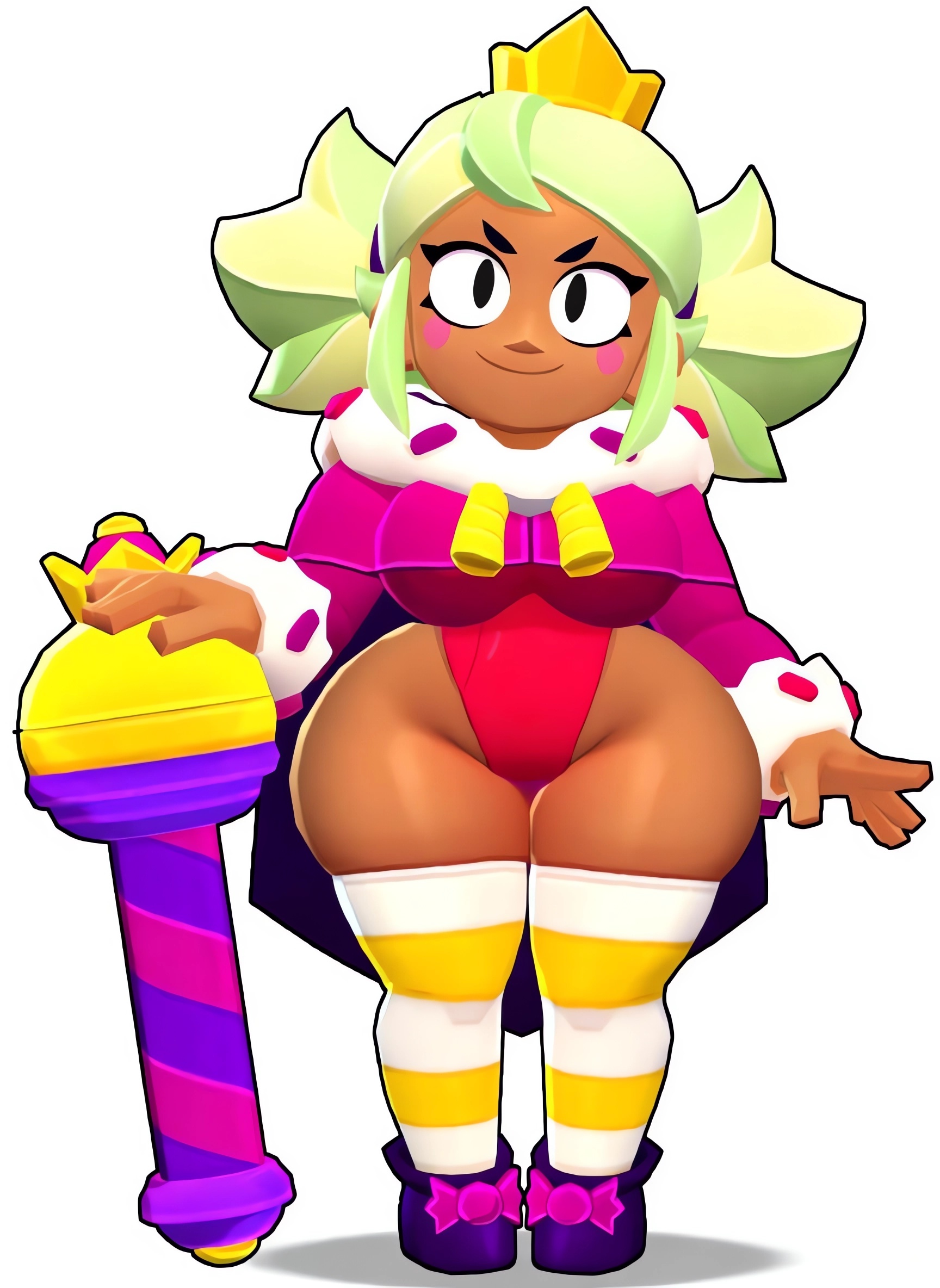 1girl, 1girls, ai generated, ass, big ass, big breasts, big butt, black eyes, brasil louco, brawl stars, bubble ass, bubble butt, crown, female, female only, full body, fully clothed, green hair, huge ass, huge breasts, human, looking at viewer, mandy (brawl stars), seductive, seductive look, seductive smile, simple background, smile, solo, solo female, solo focus, supercell, tagme, thick thighs, white background, wide hips