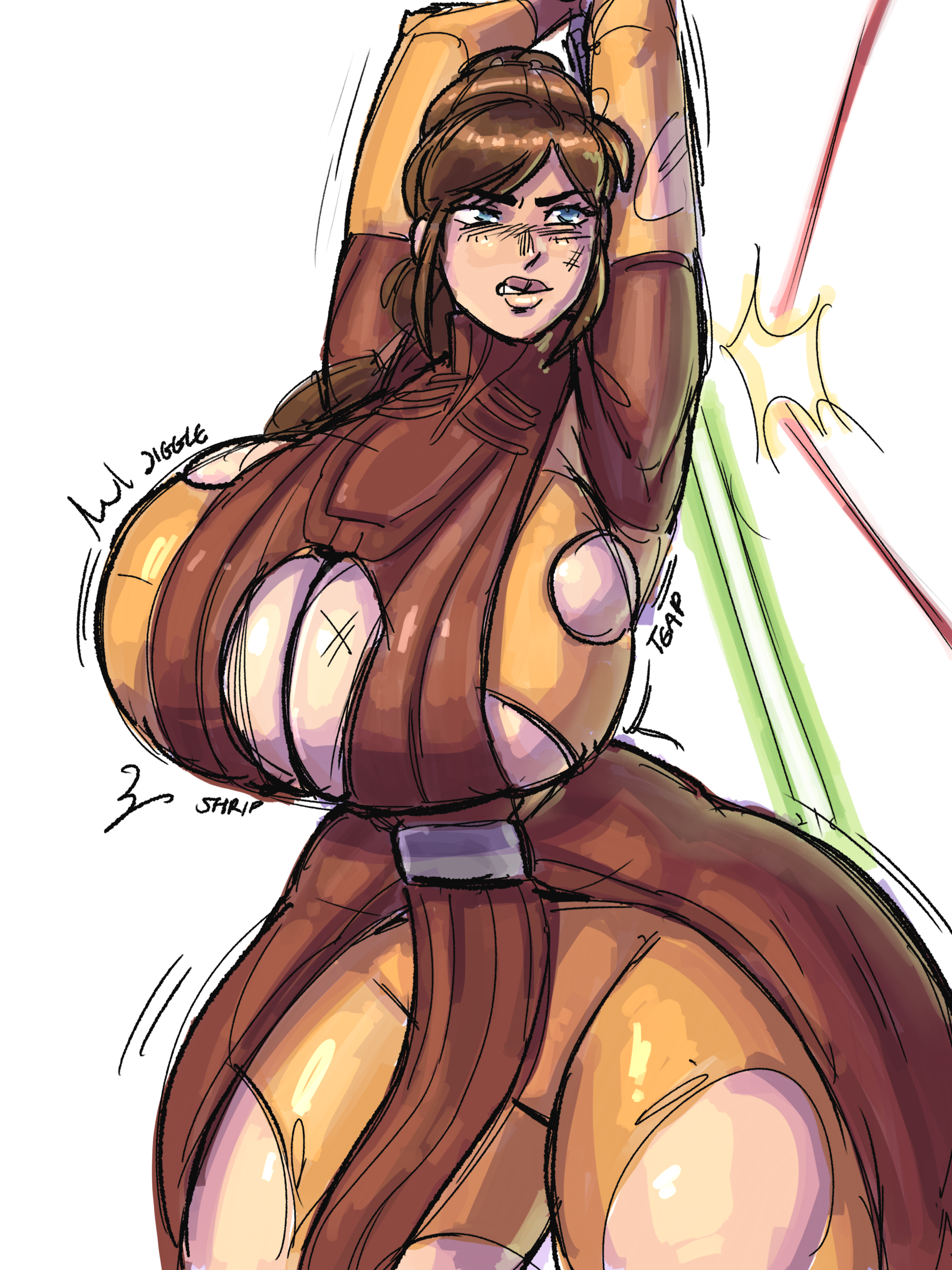 1girls, bastila shan, big breasts, breast expansion, commission, donut doodles, green lightsaber, hourglass expansion, hourglass figure, huge breasts, knights of the old republic, knights of the old republic (series), lightsaber, solo, solo female, star wars, tagme, thick, thick thighs, wardrobe malfunction, wide hips