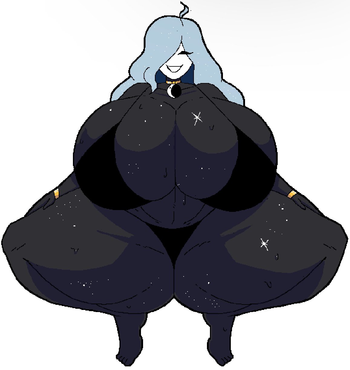 1girls, alternate body type, big ass, big breasts, black body, black eyes, blue hair, dark body, dark skin, female focus, female only, galaxy, mask, massive ass, saline (sabath industry), simple background, solo, varix, voluptuous
