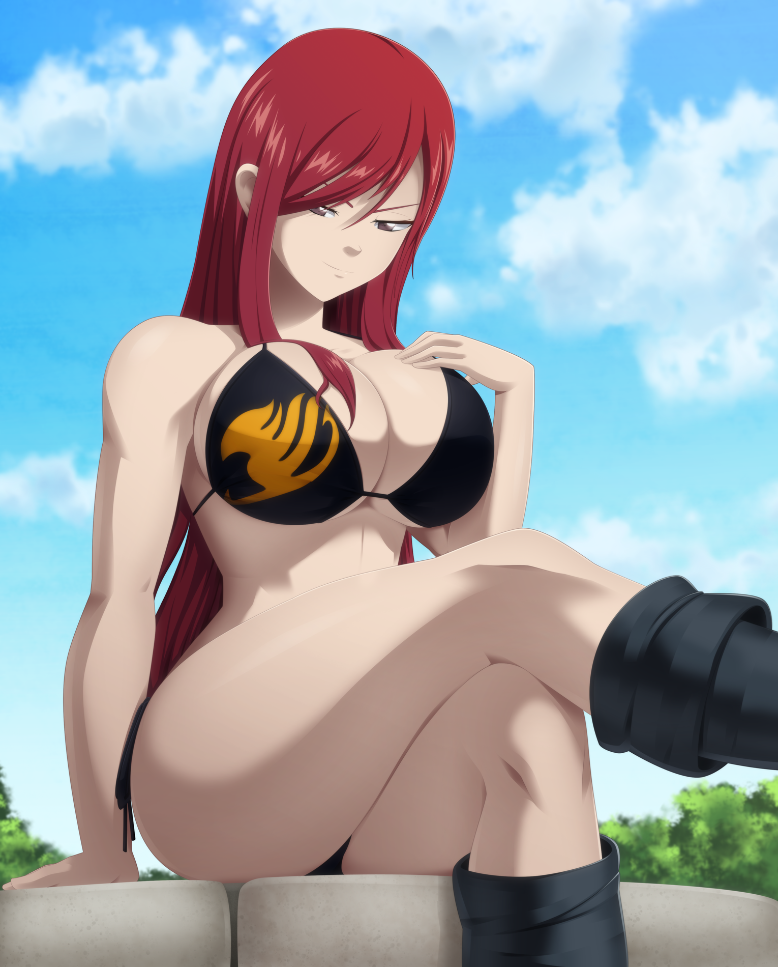 1girls, alternate version available, big breasts, bikini, boots, breasts, erza scarlet, fairy tail, female, huge breasts, ravenravenraven, red hair, red-haired female, shoes, thick thighs, thighs