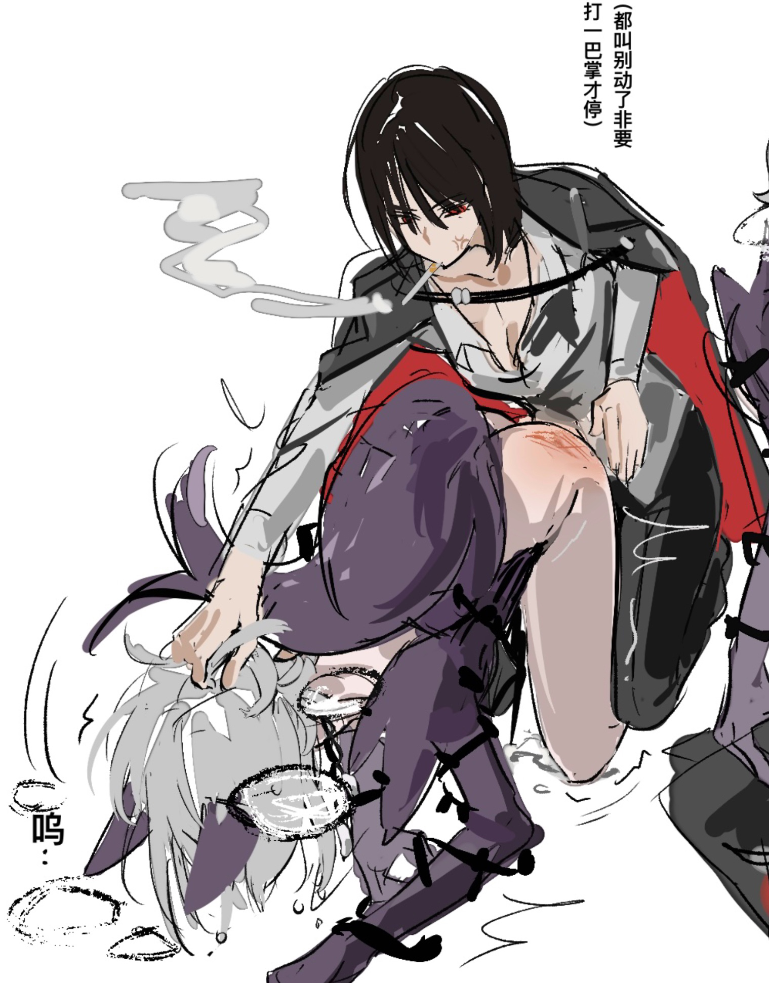 2girls, alleyway watchdog, ass, ass up, bottomless, chinese text, cigarette, cigarette in mouth, clothed, clothing, coat, e.g.o (project moon), faust (limbus company), fully clothed, hand in hair, kemonomimi, lcb uniform (project moon), lesbian sex, limbus company, ming ming, possessed, possession, project moon, ryoshu (limbus company), simple background, sketch, slap, slap mark, slapping butt, smoke, smoking, tail, telepole, telepole faust (limbus company), text, translation request, tremble spikes, trembling, uniform, wolf ears, yuri