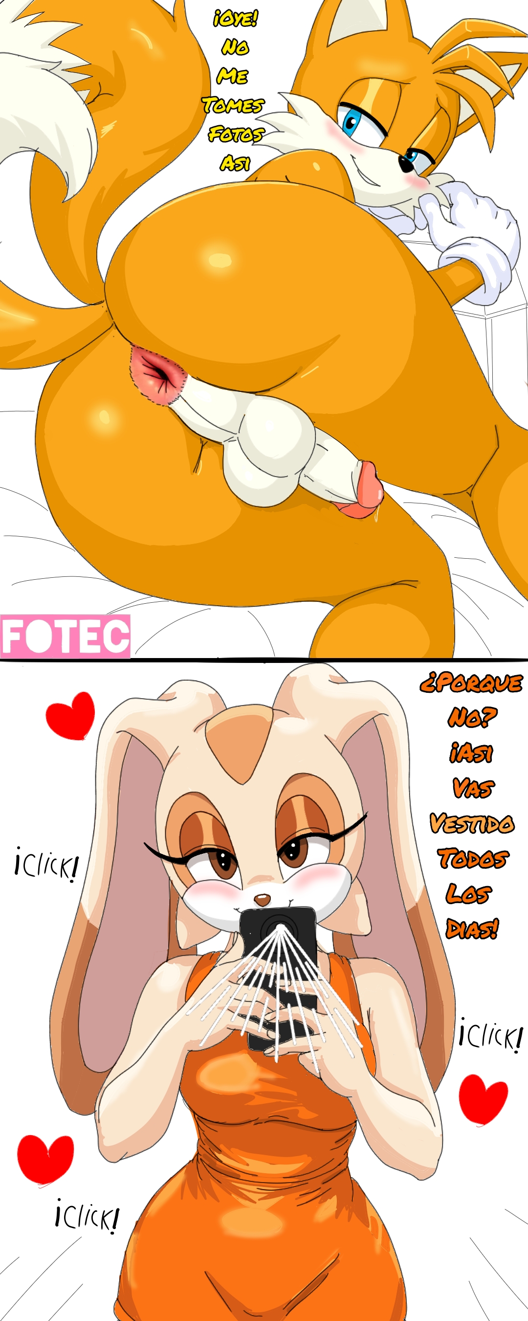 1boy, 1girls, 2 tails, aged up, anus, anus focus, ass, ass bigger than head, ass focus, ass up, asshole, asshole focus, balls, ballsack, big ass, big butt, big butt (male), blue eyes, blush, brown eyes, cellphone, cock, cream the rabbit, dick, dress, femdom, femdom pov, flash, fotec, fox, fox ears, fox tail, furry, furry ass, furry ears, furry female, furry male, furry only, furry tail, gloves, male focus, miles tails prower, mobian, mobian (species), mobian fox, mobian rabbit, orange dress, penis, perineum, phone, photo, rabbit, rabbit ears, rabbit girl, rabbit humanoid, round ass, seducing, seduction, seductive, seductive body, seductive eyes, seductive look, seductive mouth, seductive pose, seductive smile, sega, small penis adoration, small penis appreciation, smile, sonic (series), sonic the hedgehog (series), spanish, spanish dialogue, spanish text, tagme, tail, tails, tails the fox, taking photo, taking picture, talking, testicles, text, thick, thick ass, thick hips, thick legs, thick thighs, thighhighs, thighs, two tails, yellow body, yellow fur