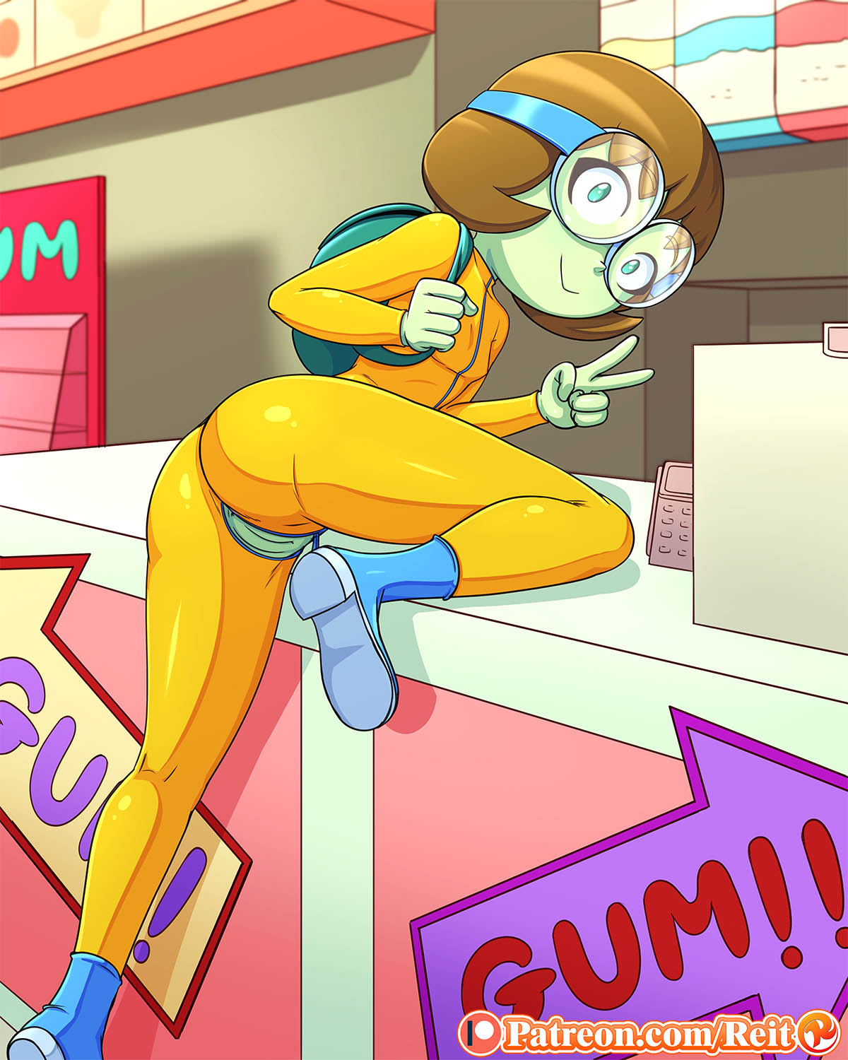 1girls ass bodysuit dendy dendy_(ok_k.o.!_let's_be_heroes) female glasses goggles green_skin kappa ok_k.o.!_let's_be_heroes pussy reit short_hair v vagina