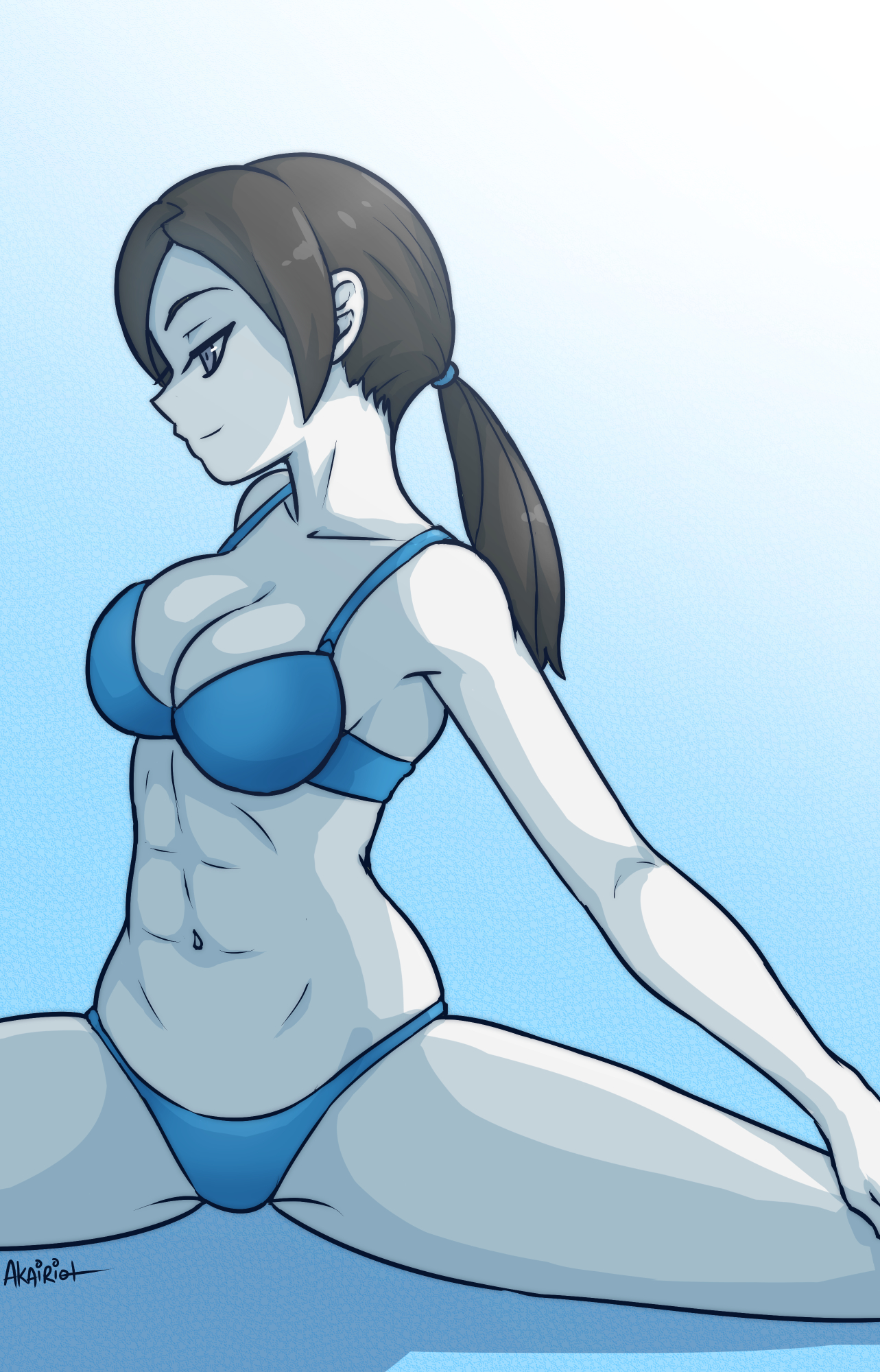 1girls, abs, akairiot, black hair, blue bra, blue panties, bra, breasts, casual, clothing, female, female only, highres, long hair, matching underwear, nintendo, pale skin, panties, ponytail, silver eyes, smile, solo, splits, sportswear, spread legs, super smash bros., thong, tied hair, underwear, underwear only, white skin, wide hips, wii fit, wii fit trainer, wii fit trainer (female)