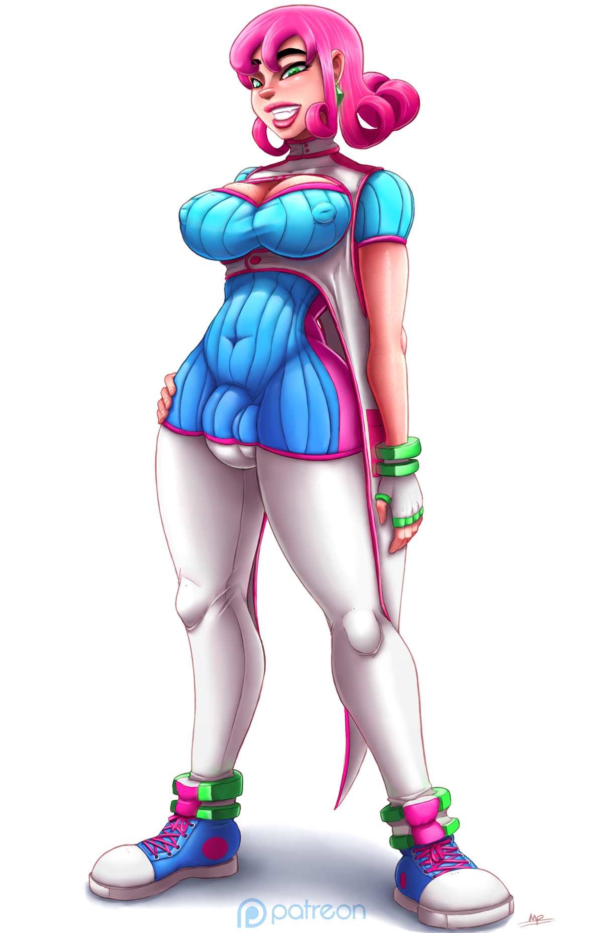 1futa, balls, big breasts, bimbo, breasts, bulge, cameltail, cleavage, erect nipples, flaccid, futa only, futanari, green eyes, hourglass figure, intersex, intersex only, large breasts, mutantproject, nipples, original, penis, penis under clothes, pink hair, skin tight, smile, solo, solo futa, testicles, tight clothes, yoga pants