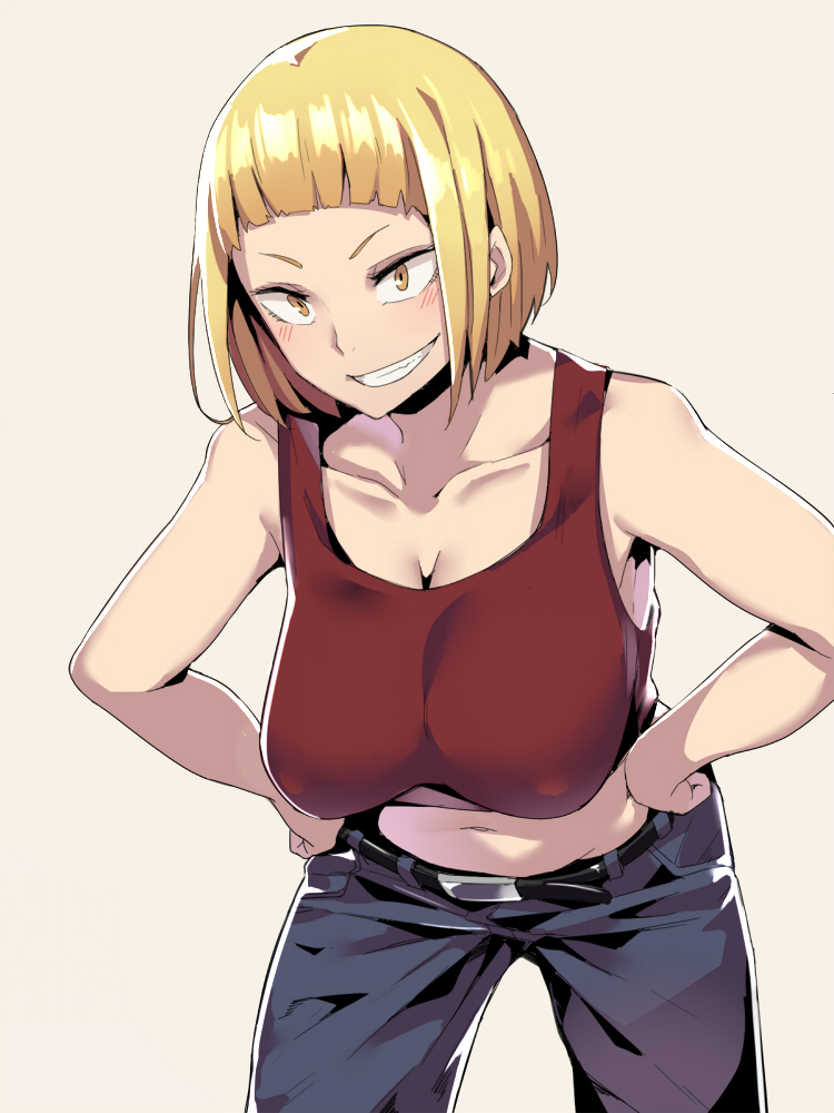 1girls, armpits, bare shoulders, belt, big breasts, blonde hair, blush, blushing, breasts, cleavage, clenched teeth, clothed, clothes, clothing, erect nipples, female, female only, haikyuu!!, human, human only, humanoid, large breasts, looking at viewer, mammal, nipple bulge, nipples, pants, shiny, shiny skin, short hair, simple background, smile, smiling, smiling at viewer, solo, stomach, tanaka saeko (haikyuu!!), teeth, yellow eyes, yumoteliuce