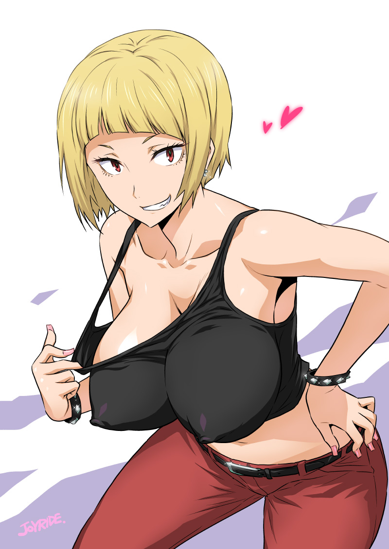 1girls belt blonde_hair breasts clenched_teeth clothes erect_nipples female female_only fingernails haikyuu!! hand_on_hip heart joy_ride large_breasts looking_at_viewer nail_polish nipples pants red_eyes shiny shiny_skin short_hair simple_background solo tanaka_saeko_(haikyuu!!) teeth