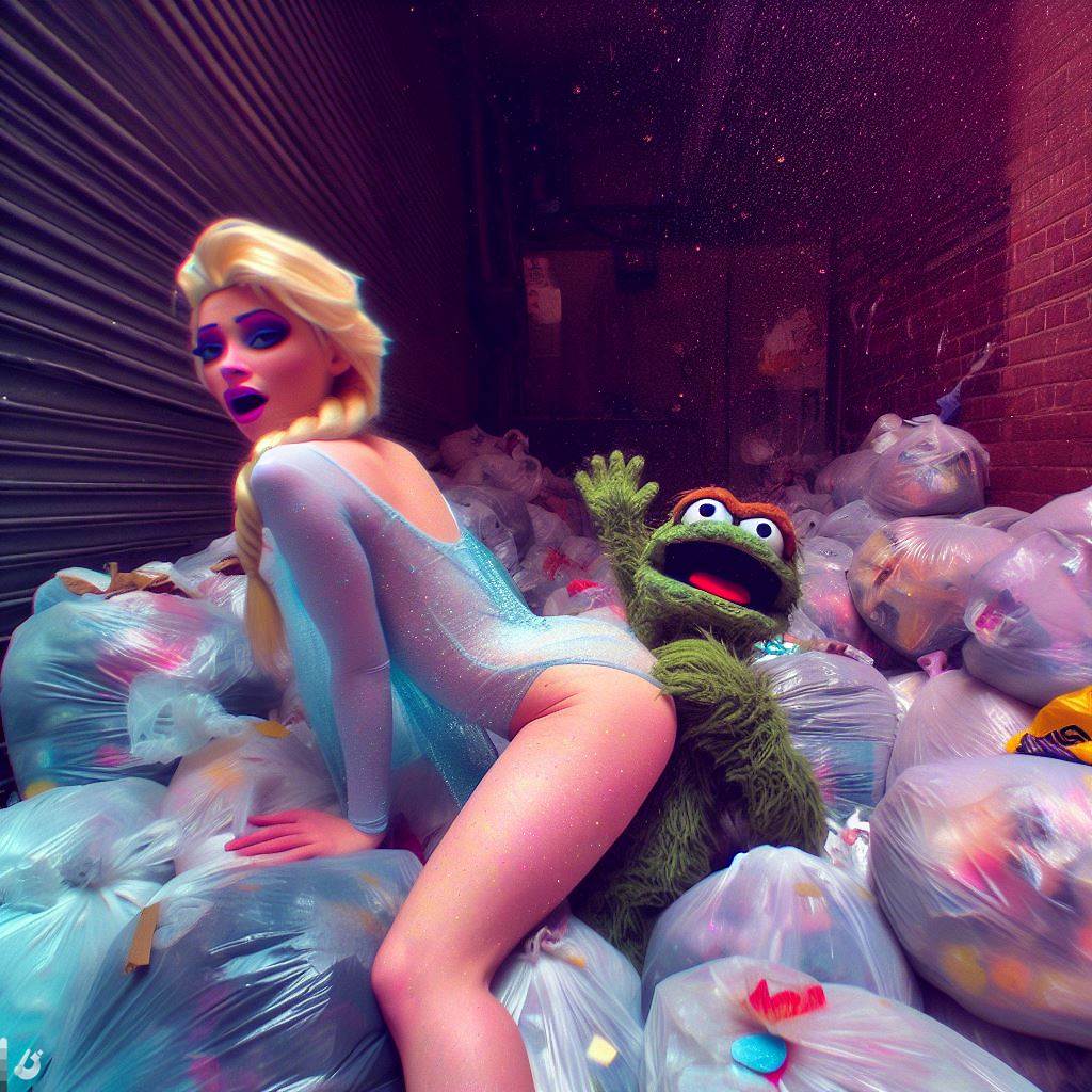 1girls ai_generated alley blonde_hair dall-e3 elsa_(frozen) frozen_(film) garbage garbage_bags garbage_bin green_fur light-skinned_female looking_at_viewer muppets oscar_the_grouch puppet sesame_street spanking tagme the_muppet_show trash trash_bag trash_can