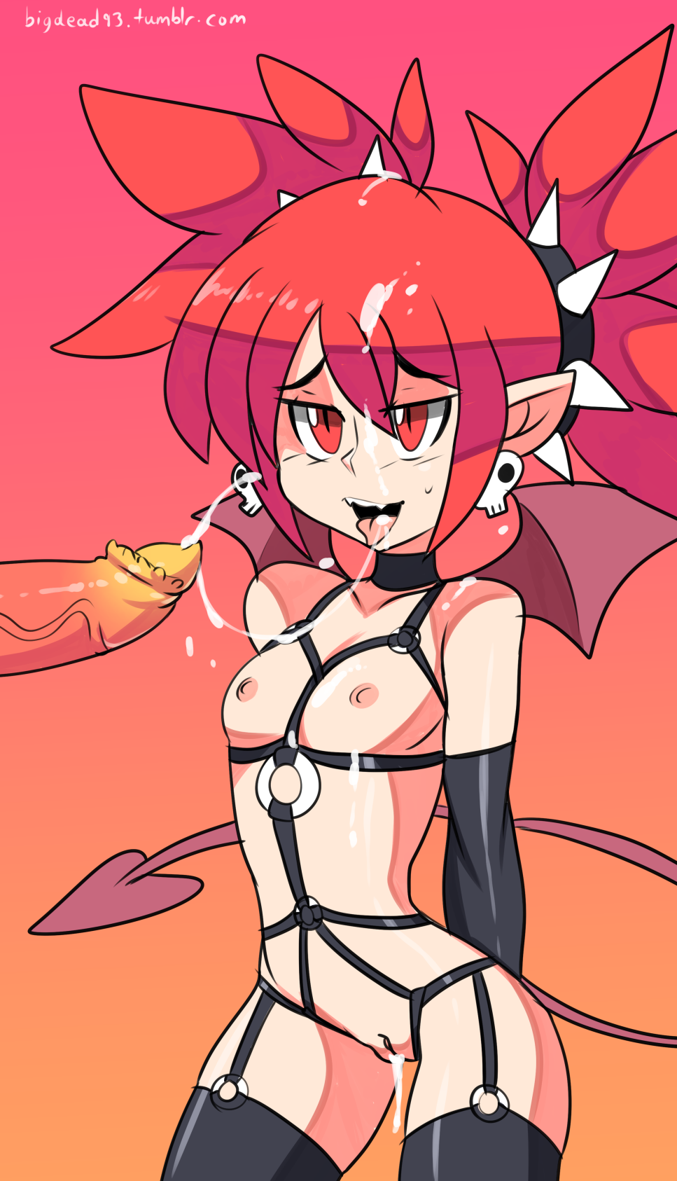 bigdeadalive black_gloves black_legwear bondage_outfit breasts choker cum cum_in_pussy cum_inside demon_girl disgaea earrings elbow_gloves etna facial flat_chest garter_straps gloves gradient gradient_background male nipples open_mouth penis pointy_ears pussy red_eyes red_hair skull_earrings solo_focus spikes straight tail thighhighs tied_hair twintails wings