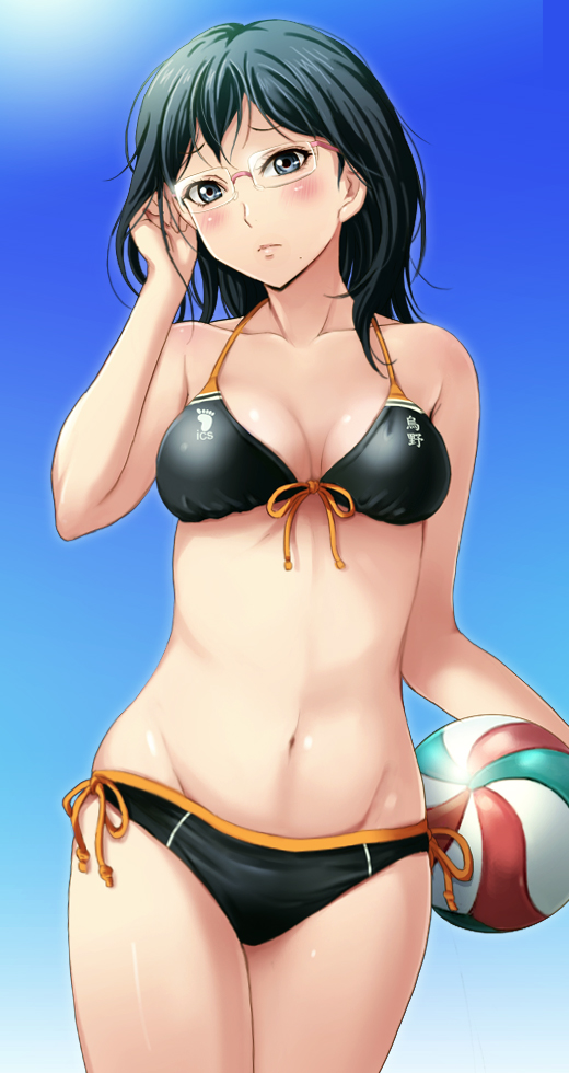 1girls, bare shoulders, bikini, black hair, black panties, blue background, blue eyes, breasts, female, female only, glasses, haikyuu!!, large breasts, legs, looking at viewer, shimizu kiyoko, shiny skin, short hair, solo, stomach, volleyball