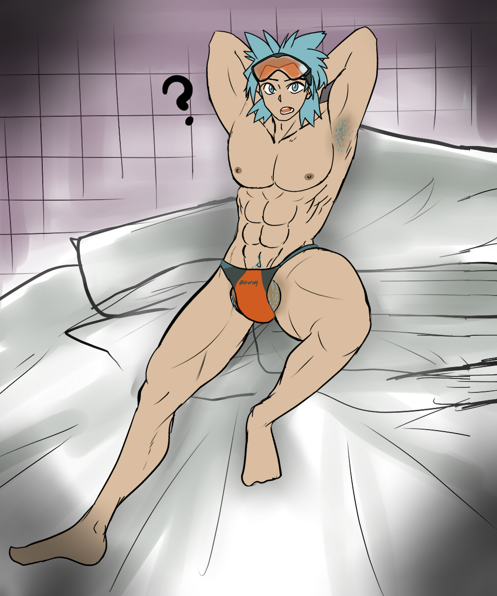 1boy ? abs armpit armpit_hair barefoot blue_hair body_hair brawly_(pokemon) full_body human male male_only muscle pecs pokemon pubic_hair solo testicles text topless underwear