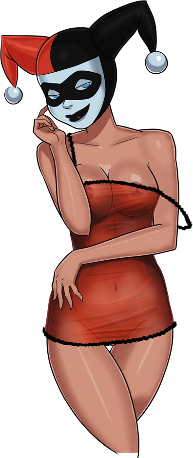 1girls, babydoll, bare shoulders, batman (series), batman: the animated series, belly, blue eyes, breasts, cap, cleavage, dc, dc comics, dcau, domino mask, facepaint, facial mark, female, female only, harley quinn, harley quinn (classic), hat, jester, jester cap, jester hat, large breasts, legs, mask, navel, nipples, see-through, solo, sunsetriders7, thighs