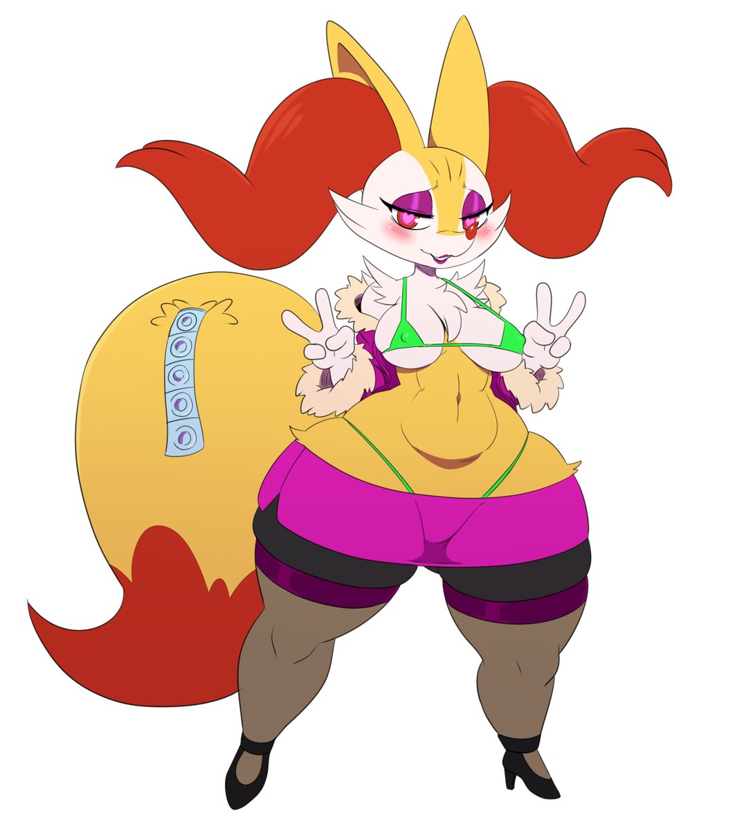 1girls, 4 fingers, abs, bare shoulders, belly, big ears, big tail, bikini, bikini top, blush, braixen, breasts, cleavage, clothed, condom, double v, erect nipples, eyelashes, eyeshadow, female, female only, furry, gesture, half-closed eyes, heart, heart-shaped pupils, high heels, lipstick, looking at viewer, makeup, navel, nintendo, nipples, panties, pokémon (species), pokemon, pokemon (species), pokemon xy, red eyes, red fur, skirt, small breasts, smile, solo, sssonic2, standing, tail, thick thighs, thighhighs, v, white background, white fur, wide hips, yellow fur