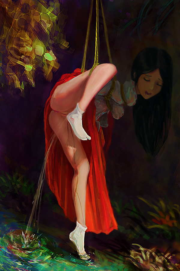 black hair, bondage, bound, closed eyes, female, hakama, ikelag, japanese clothes, kinbaku, long hair, miko, original, peeing, solo, tabi, thighhighs, tied up, water, waterfall, wet, wet clothes