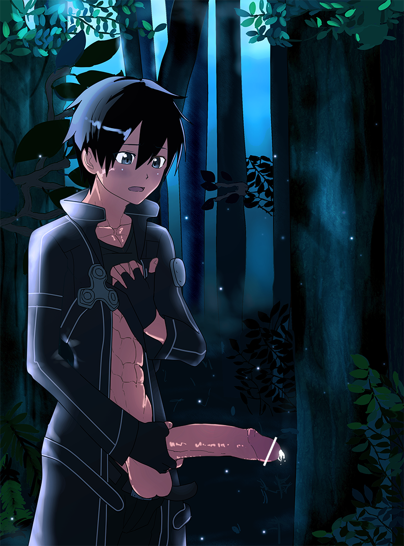 1boy abs aincrad black_hair kirigaya_kazuto kirito large_penis lostanemone male_only masturbation mlm4anemone muscle outdoors penis shirt_lift solo sword_art_online testicles tree undressing