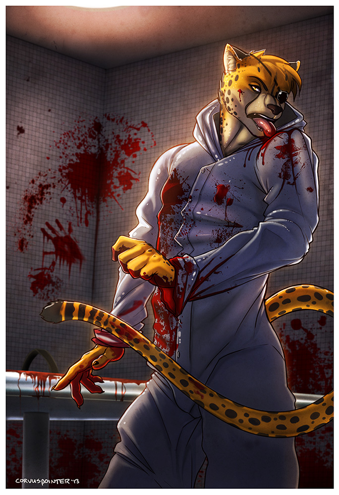 anthro blood blood_on_clothing blood_on_face blood_on_hand blood_on_wall bloody_hand_print bodily_fluids cheetah clothing corvuspointer eye_patch eyewear felid feline licking_blood male mammal solo yellow_eyes