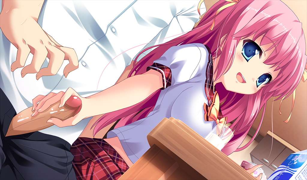 1boy blue_eyes blush brother_and_sister female game_cg handjob human human_only imouto_paradise! indoors nanase_aya_(imouto_paradise!) penis penis_grab pink_hair school_uniform skirt table uncensored