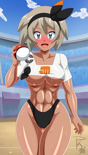 2020 abs artist_signature bea_(pokemon) big_breasts black_panties blue_sky blush cleavage clothing clouds crop_top crowd dark-skinned_female dark_skin dated game_freak gray_eyes gray_hair hair_between_eyes hair_bow holding_pokéball hourglass_figure looking_at_viewer muscles muscular muscular_female navel nintendo open_mouth outdoors pk-studios pokeball pokemon pokemon_ss public short_gray_hair short_hair signature sky smile smiling solo stadium standing sweat sweatdrop sweating sweaty sweaty_belly sweaty_breasts sweaty_thighs thick_thighs tongue underboob