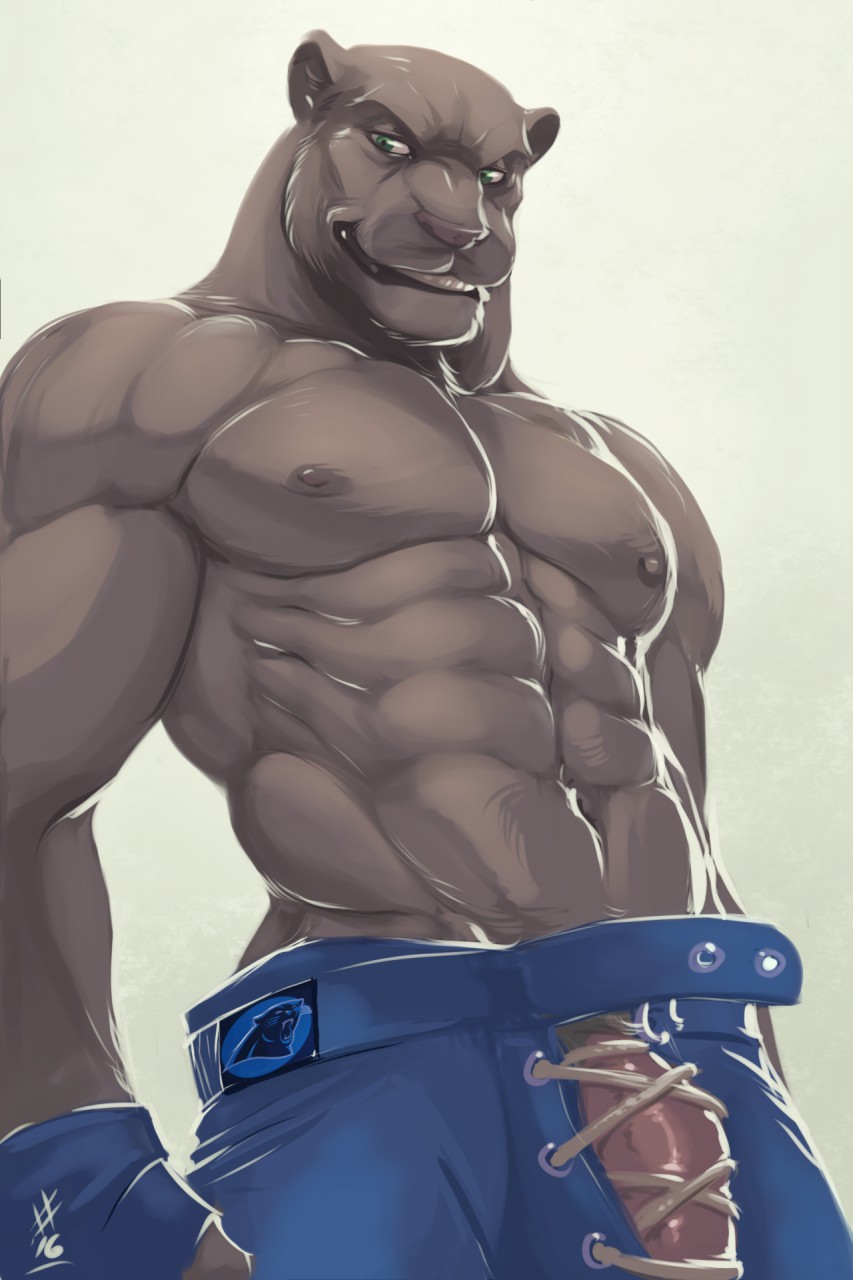 1boy abs anthro biceps carolina_panthers clothed clothing feline fur gloves green_eyes looking_at_viewer male male_only mammal manly muscular muscular_male nfl nipples panther pants pecs penis rrowdybeast simple_background solo super_bowl teeth