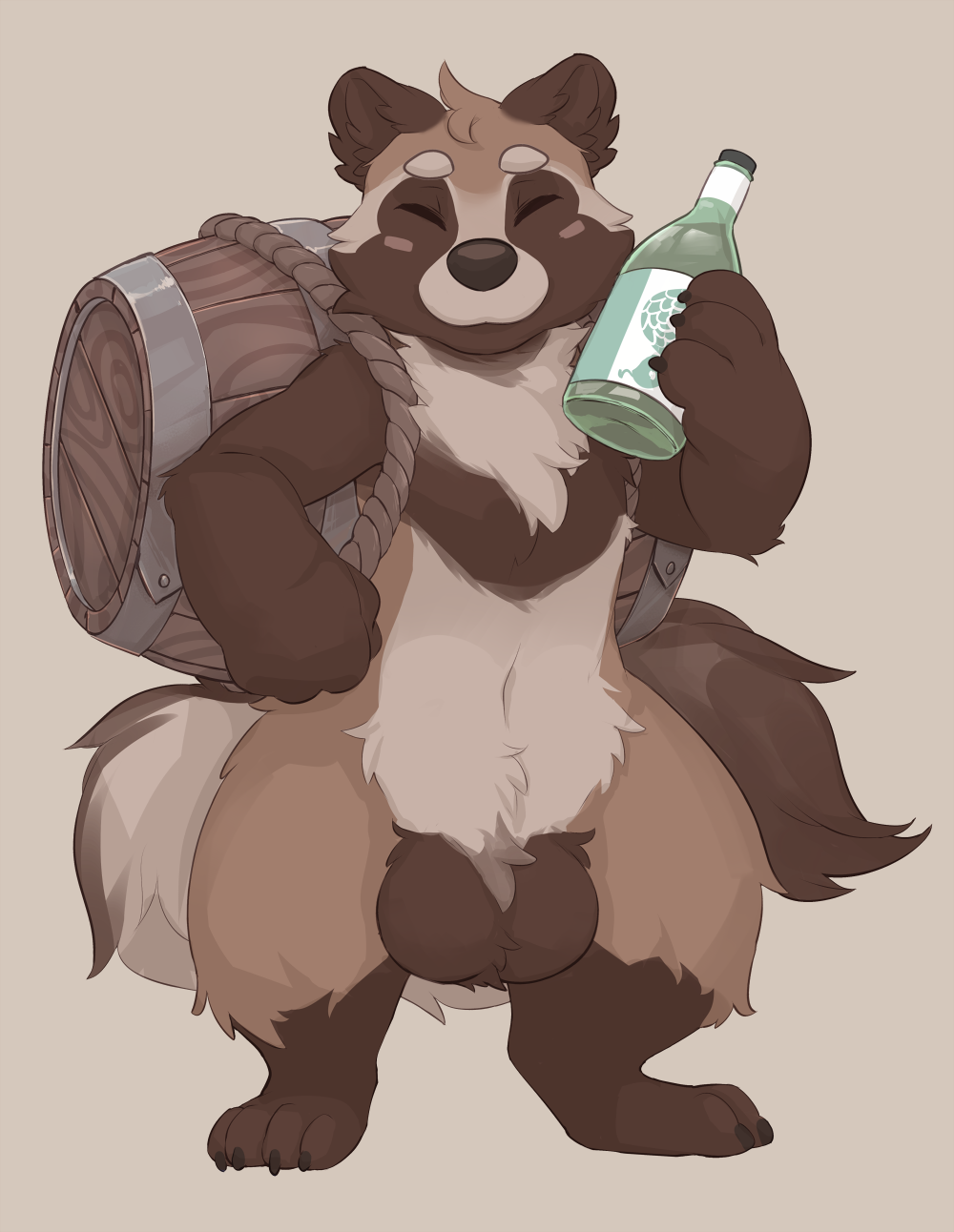 1boy 2015 4_toes 5_fingers alcohol anthro balls barrel beverage big_balls black_nose bottle brown_fur claws closed_eyes front_view fur hi_res holding_bottle holding_object japanese male male_only mammal multicolored_fur mythical seth-iova simple_background solo tan_fur tanuki toe_claws toes wine